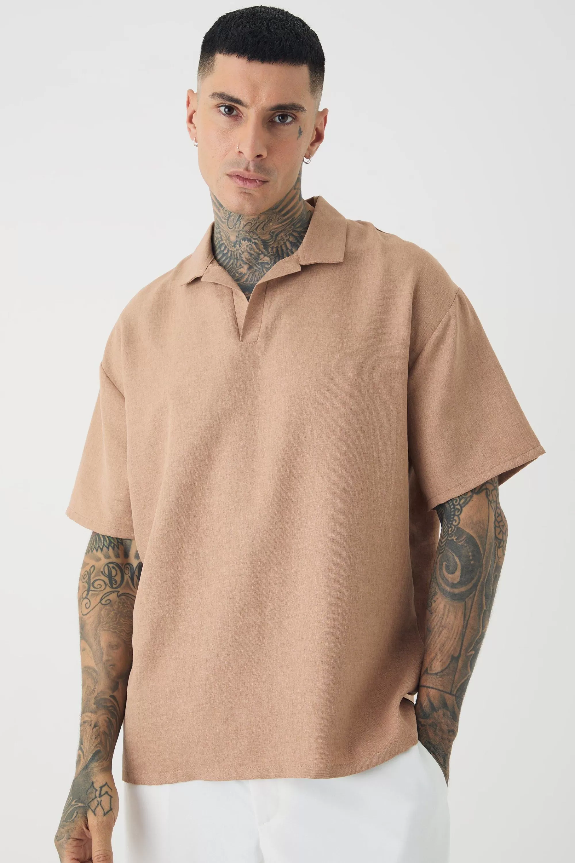boohooMAN Tall Oversized Linen Revere Polo In | UK taupe Cheap