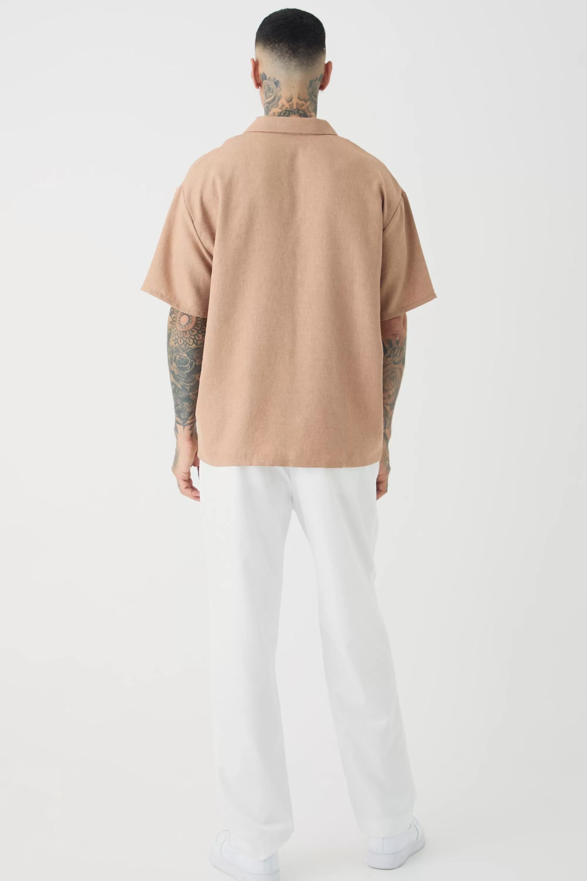 boohooMAN Tall Oversized Linen Revere Polo In | UK taupe Cheap