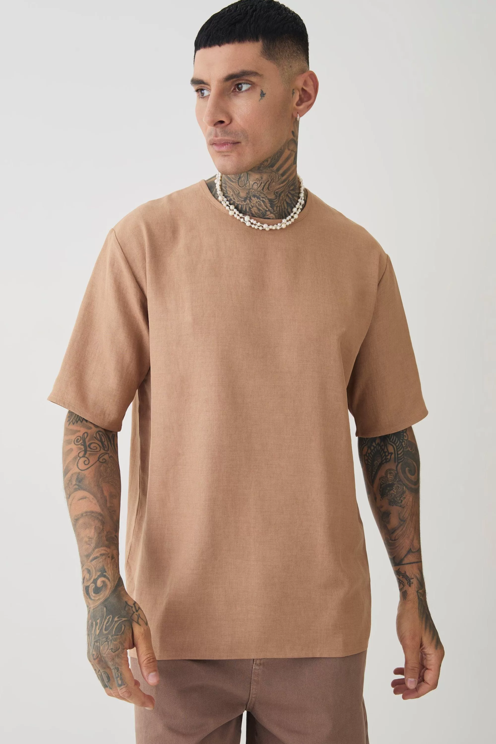 boohooMAN Tall Oversized Linen T-shirt | UK taupe New