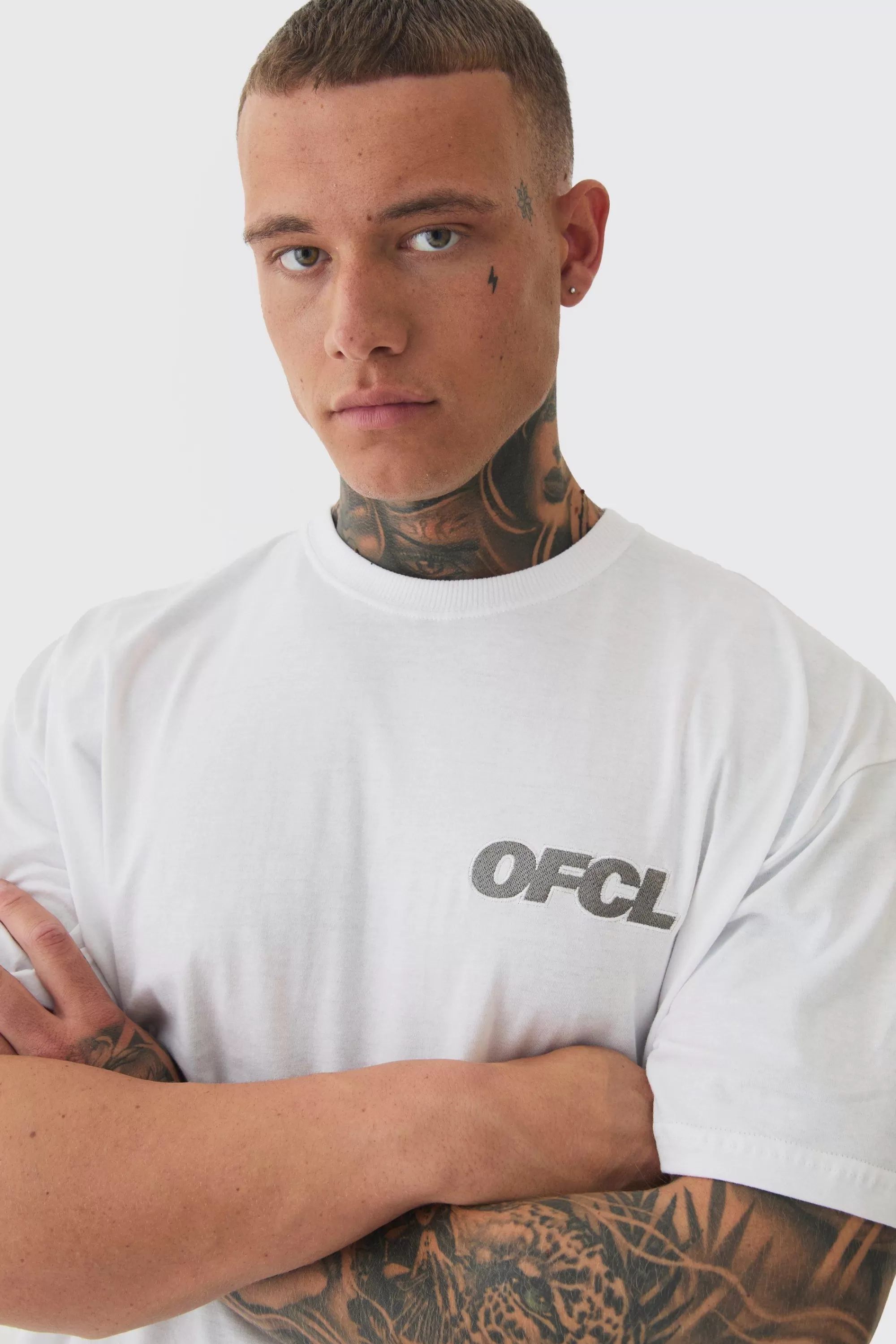boohooMAN Tall Oversized OFCL Embroidered T-shirt In White | UK grey Cheap