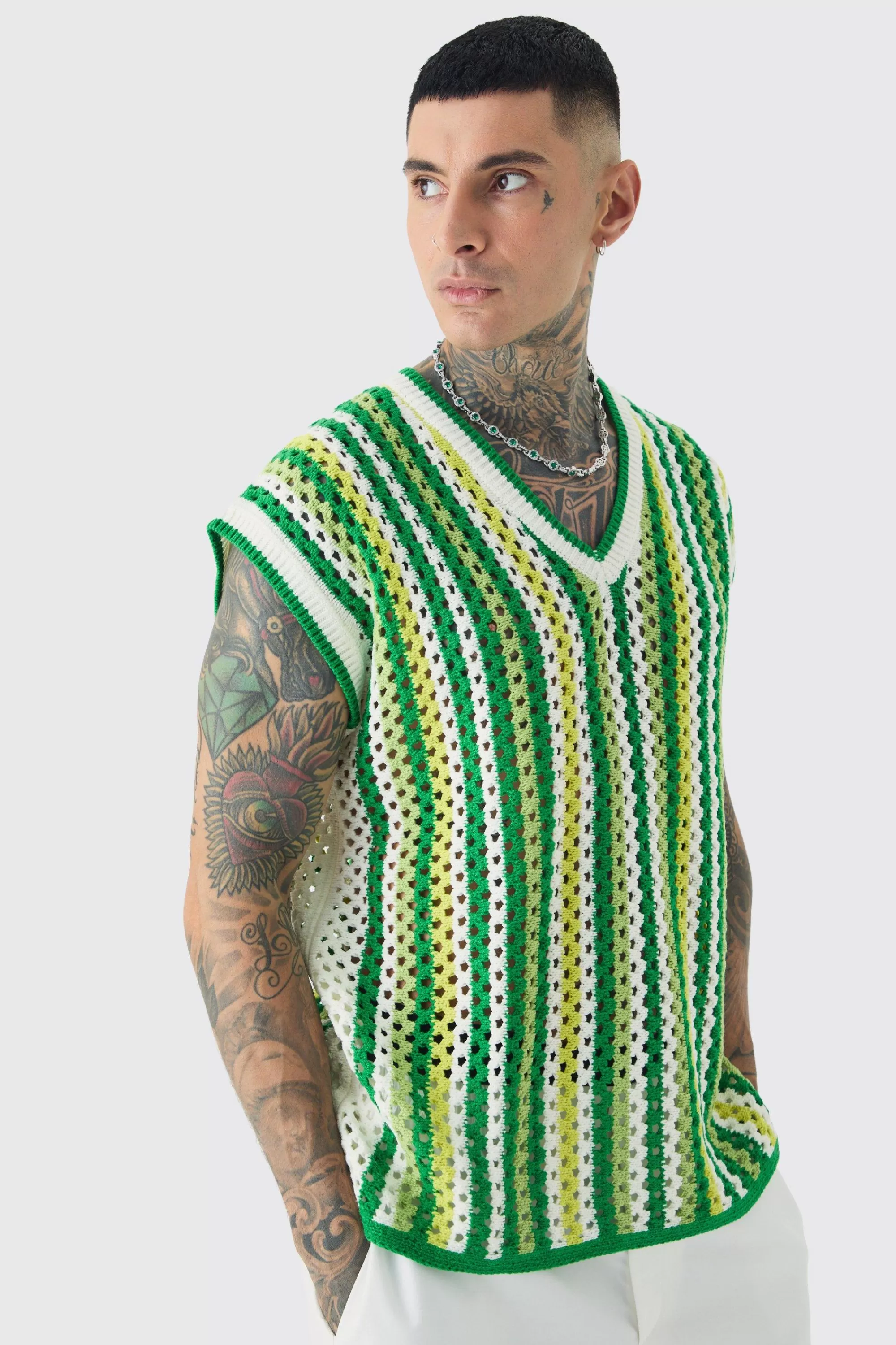 boohooMAN Tall Oversized Open Stitch Crochet Knitted Tank | UK green Shop