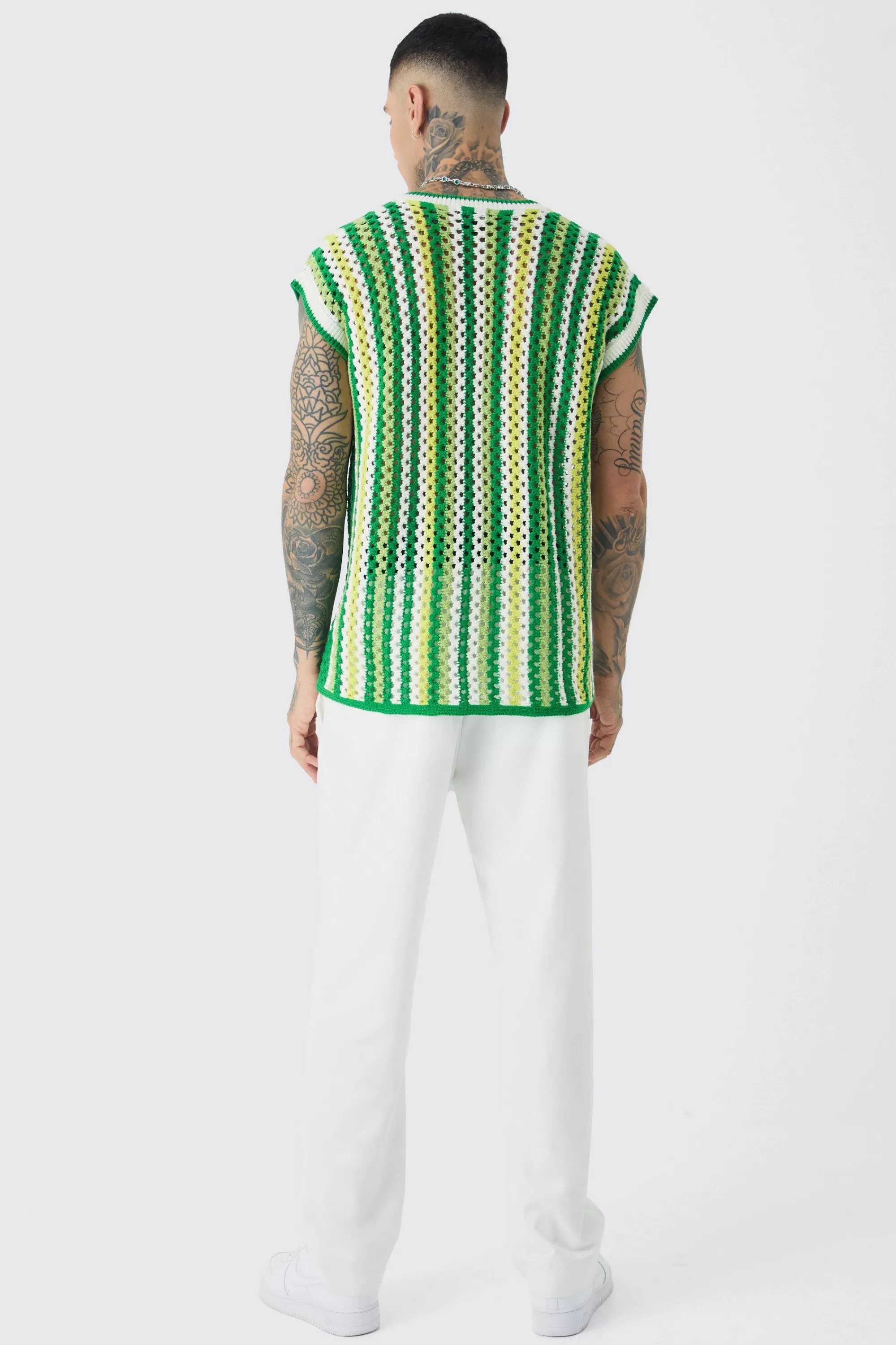 boohooMAN Tall Oversized Open Stitch Crochet Knitted Tank | UK green Shop