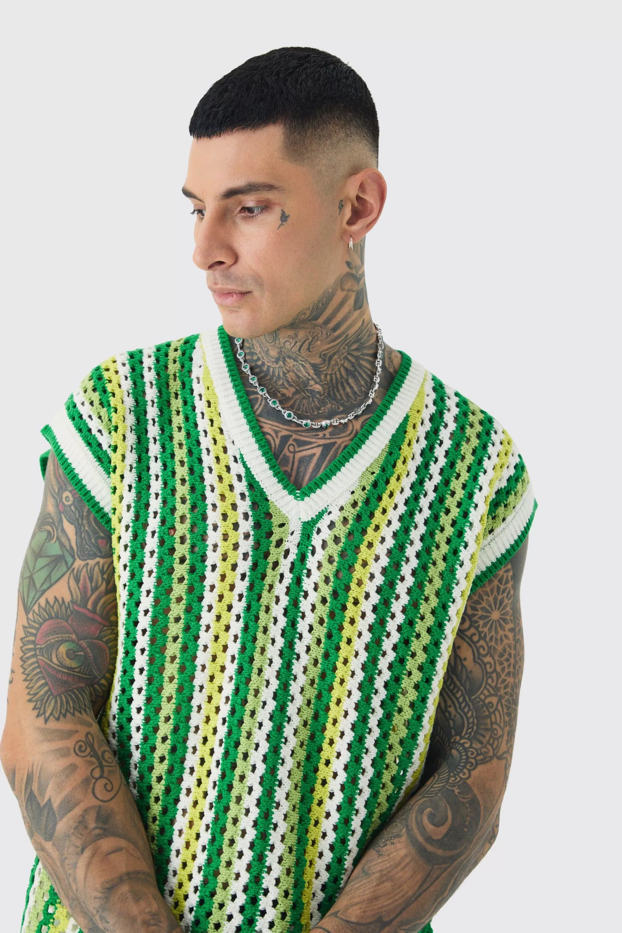 boohooMAN Tall Oversized Open Stitch Crochet Knitted Tank | UK green Shop