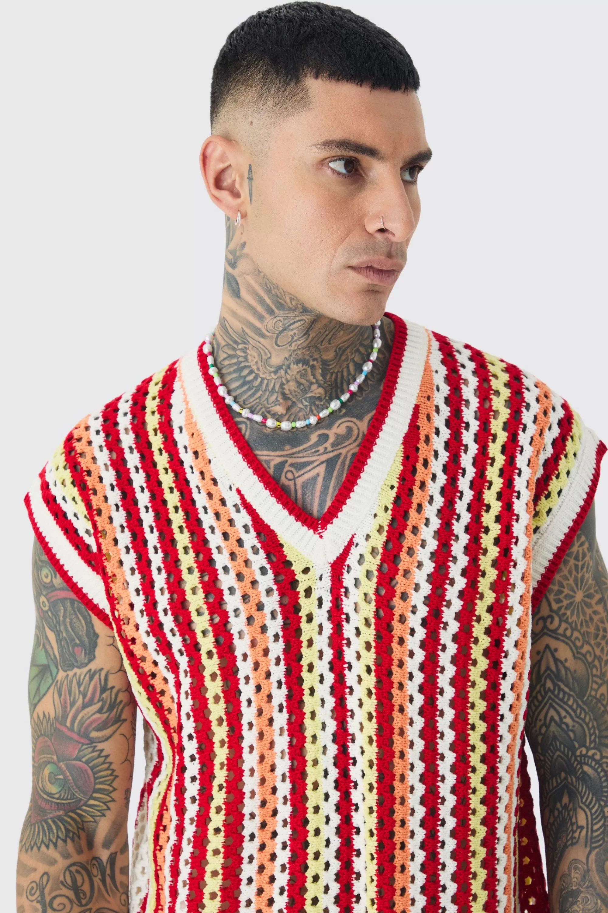 boohooMAN Tall Oversized Open Stitch Crochet Knitted Tank | UK red Clearance