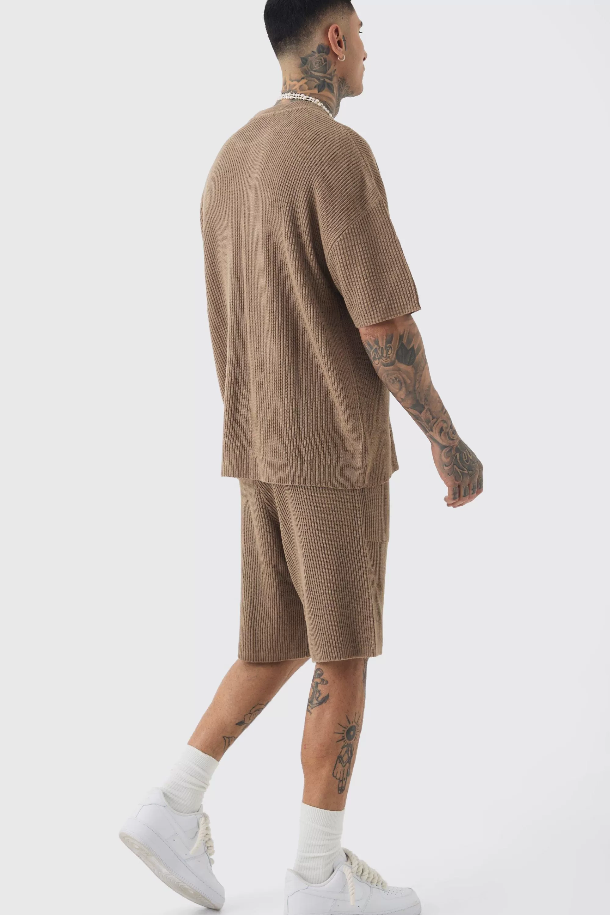 boohooMAN Tall Oversized Ribbed Knit T-shirt | UK taupe Fashion