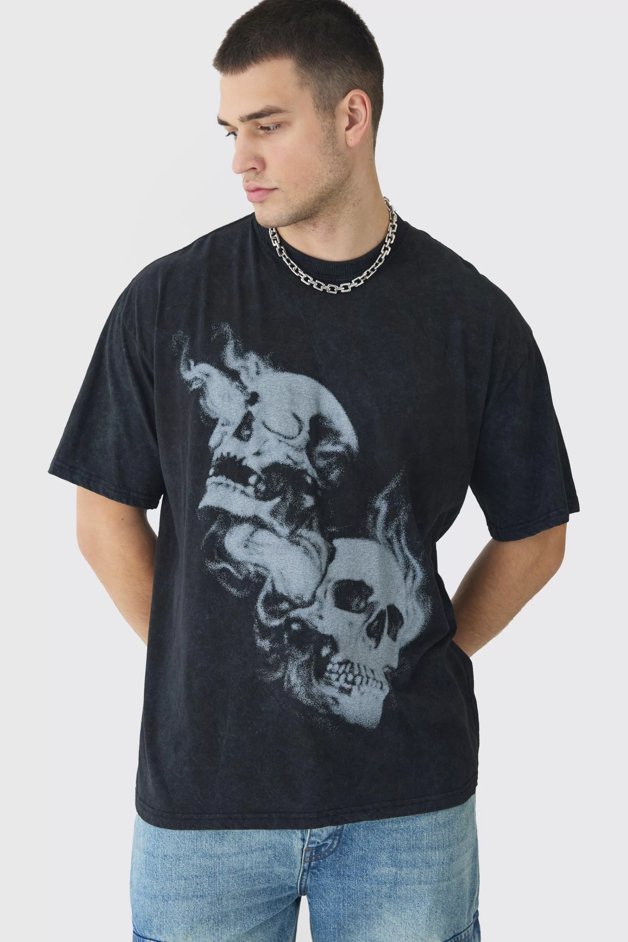 boohooMAN Tall Oversized Skull Acid Wash T-Shirt | UK charcoal Hot