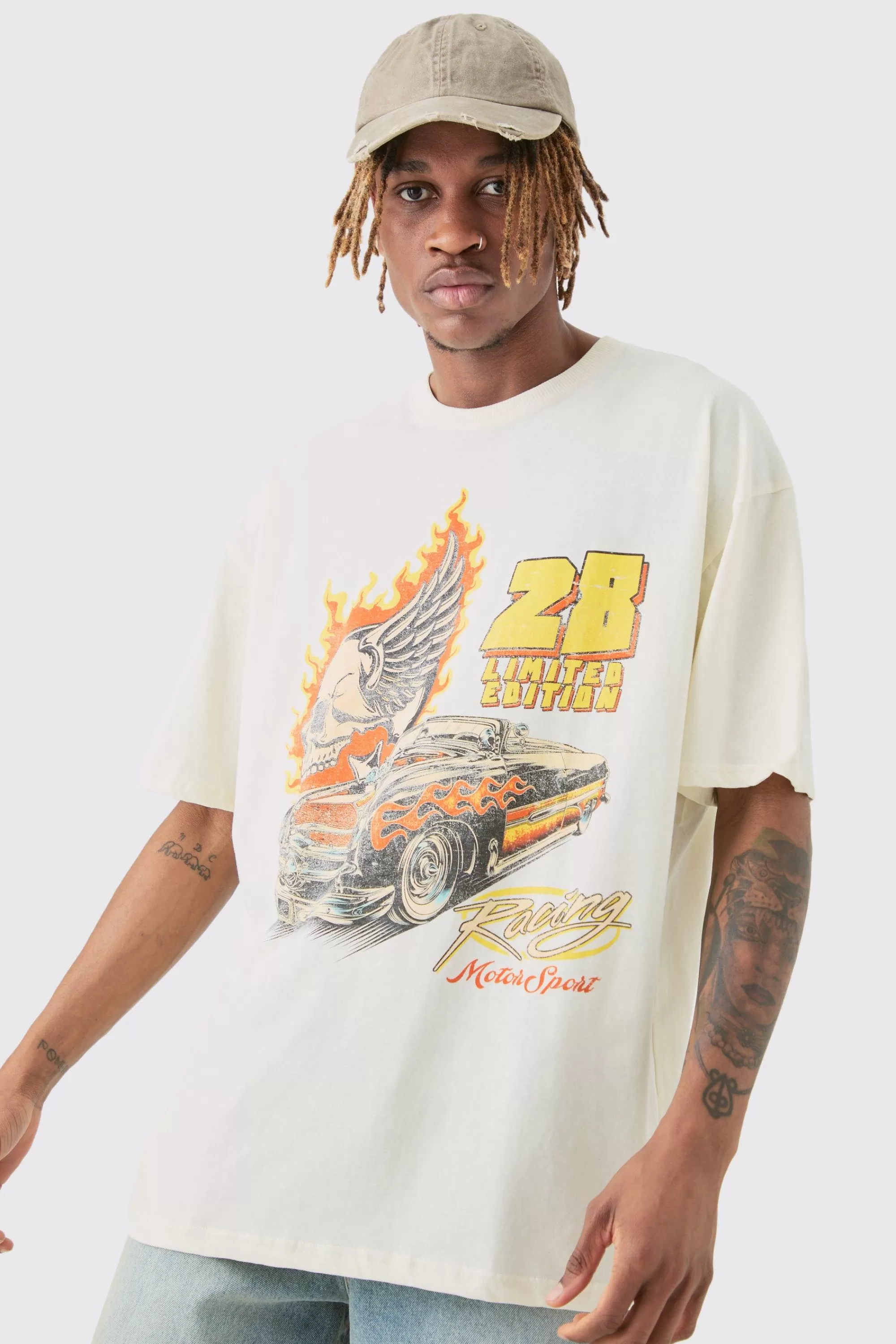 boohooMAN Tall Oversized Skull Car Graphic T-shirt | UK sand Hot