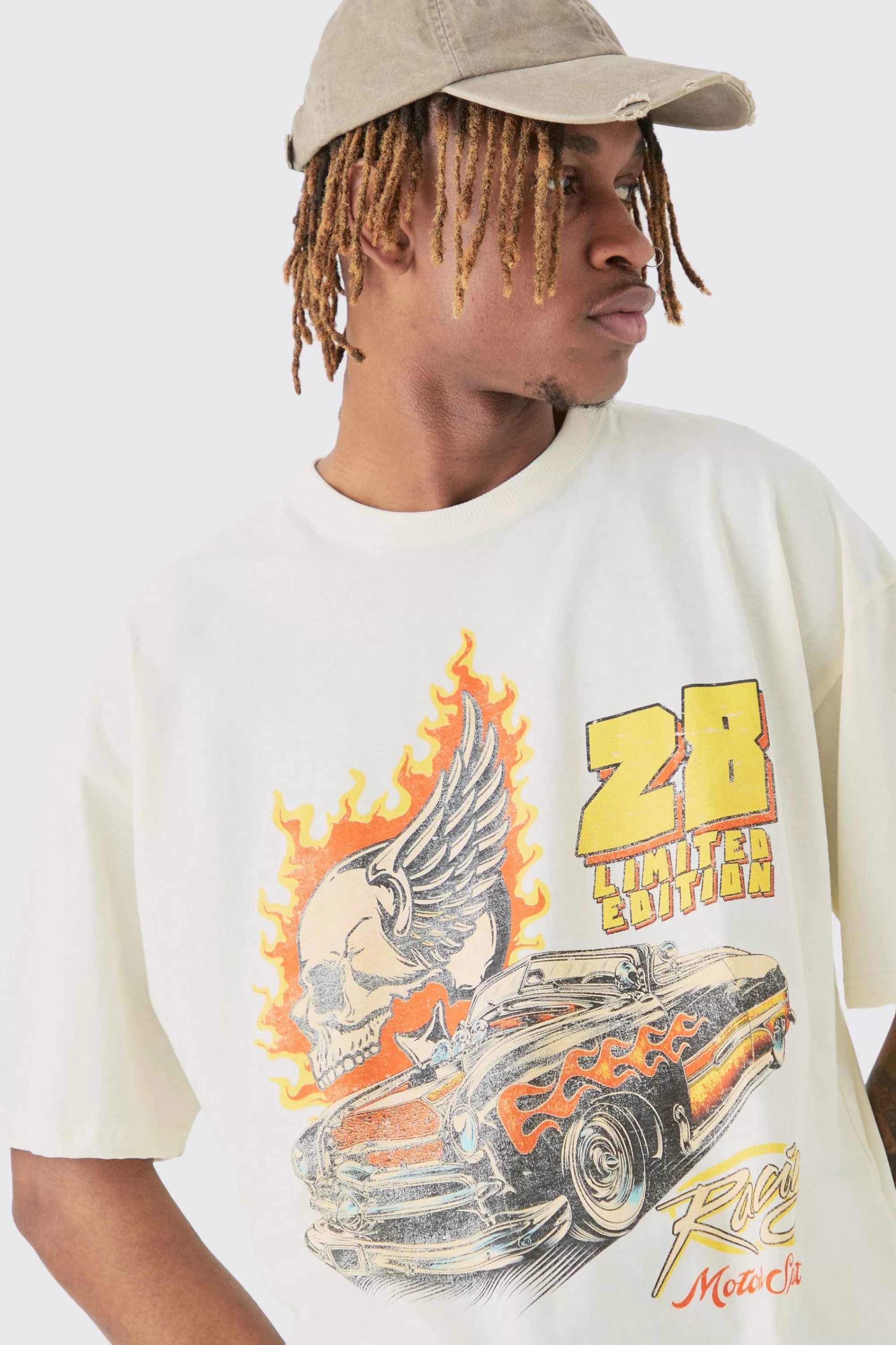 boohooMAN Tall Oversized Skull Car Graphic T-shirt | UK sand Hot