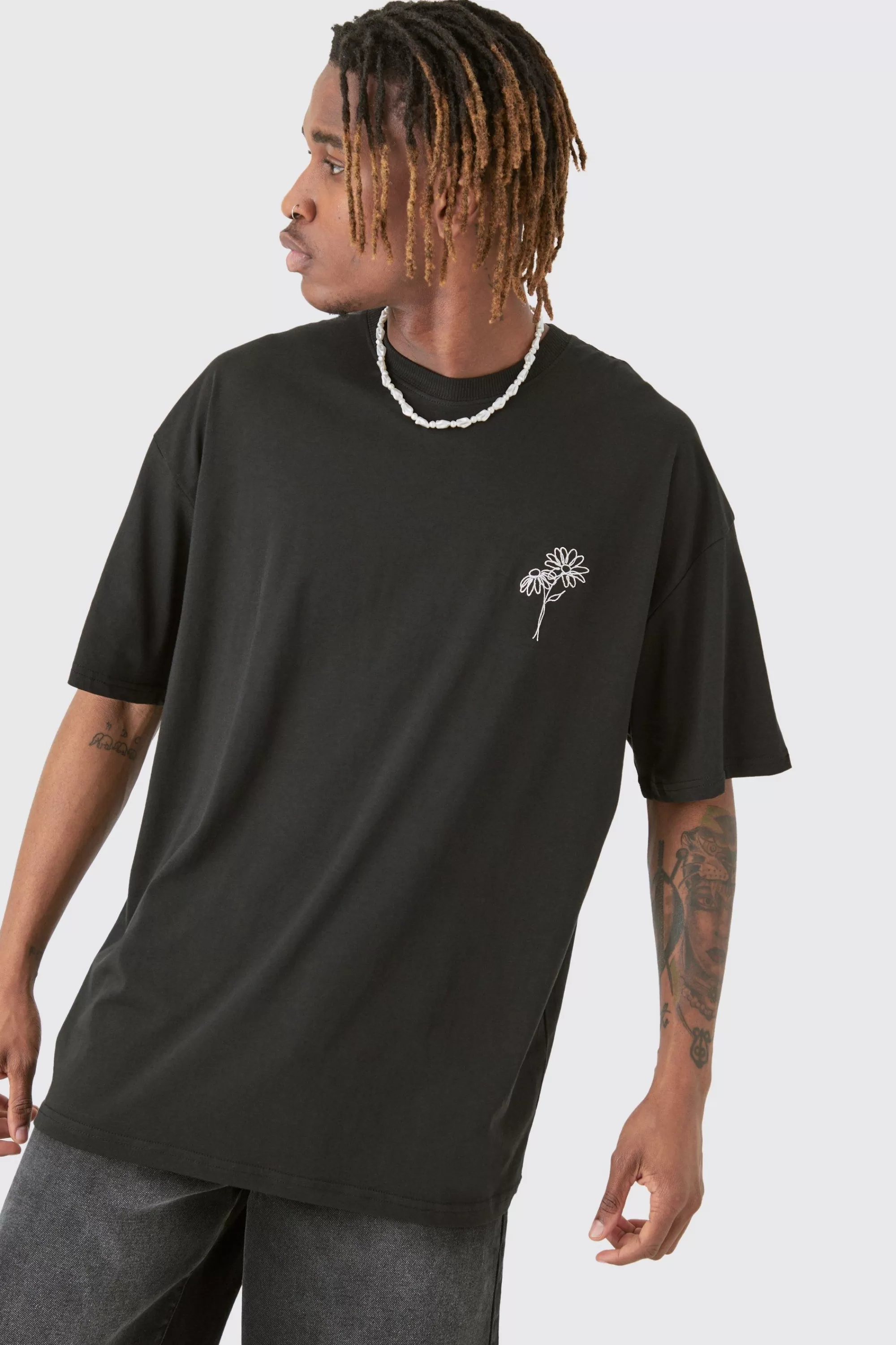 boohooMAN Tall Oversized Stencil Floral Embroidered T-shirt In | UK black Flash Sale