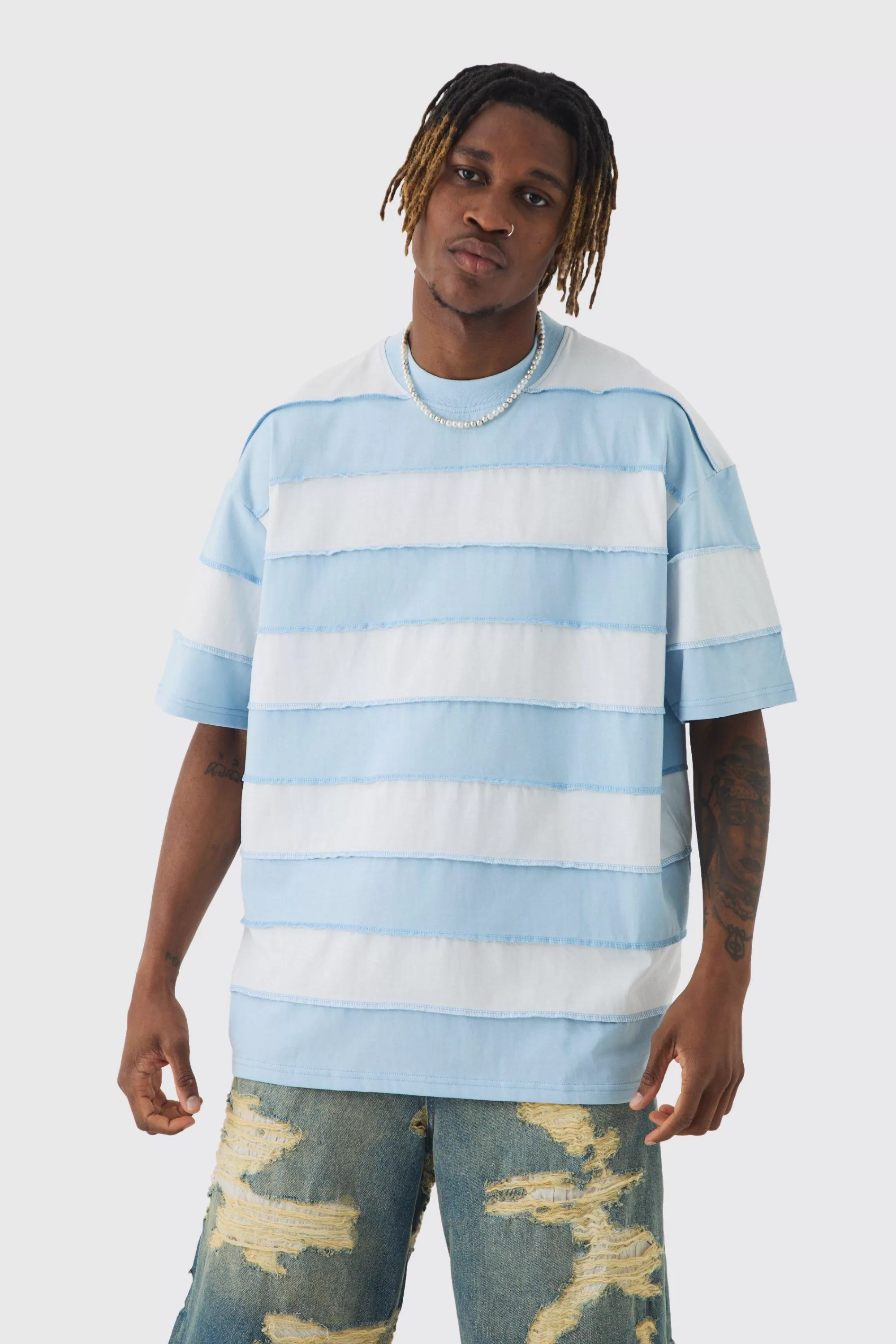 boohooMAN Tall Oversized Stripe Raw Seam T-shirt | UK light blue Fashion