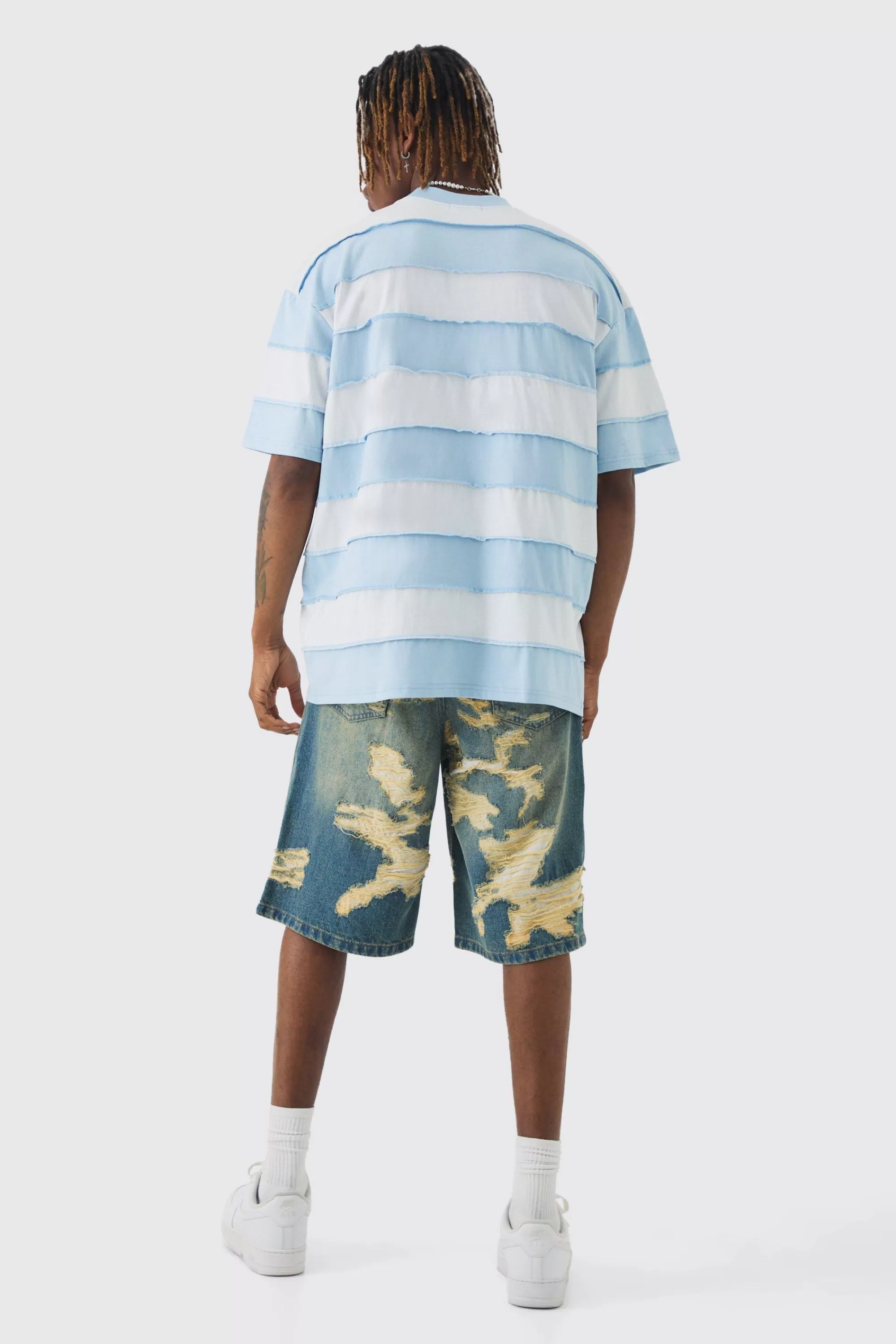 boohooMAN Tall Oversized Stripe Raw Seam T-shirt | UK light blue Fashion