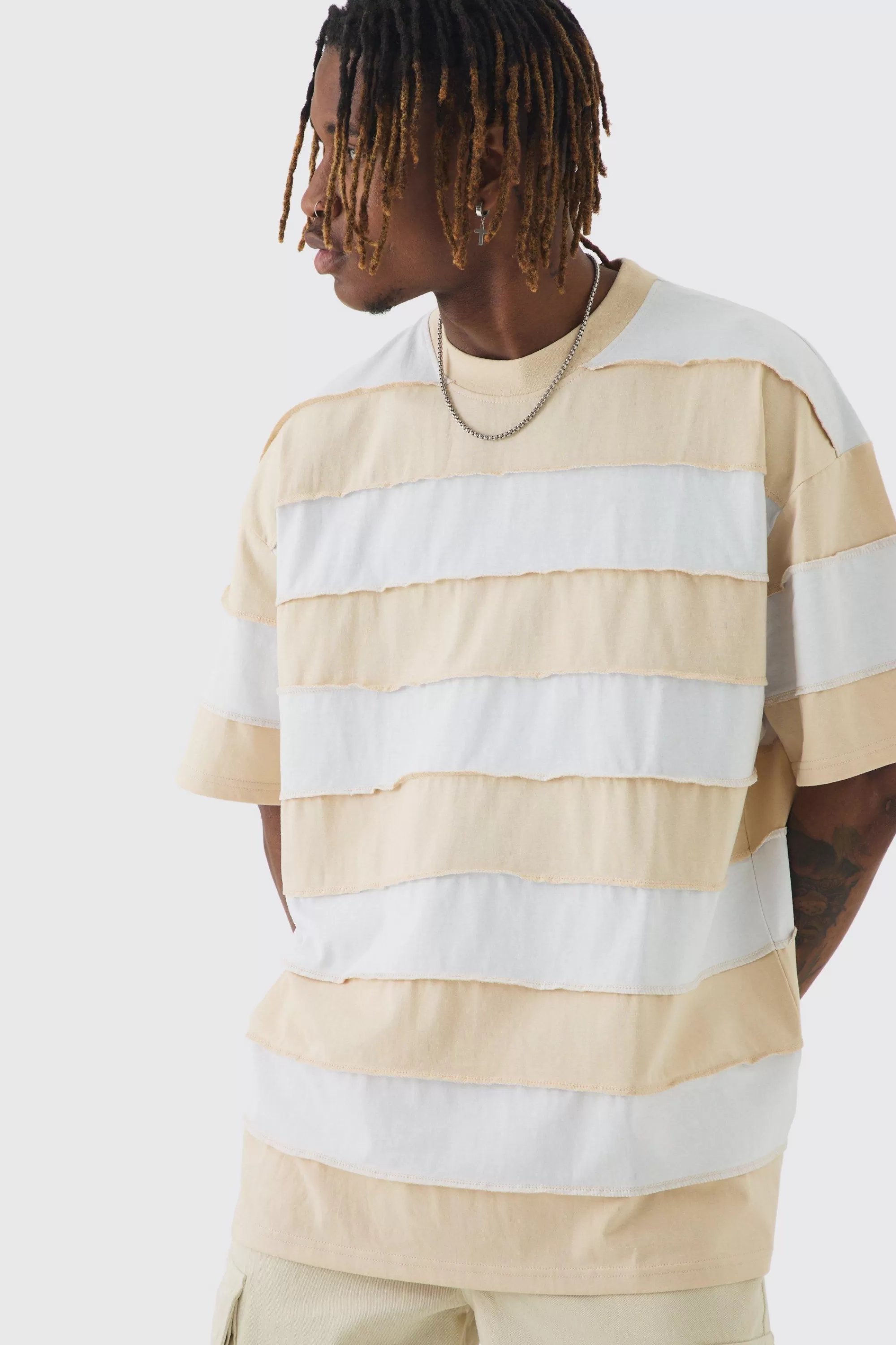 boohooMAN Tall Oversized Stripe Raw Seam T-shirt | UK stone Online