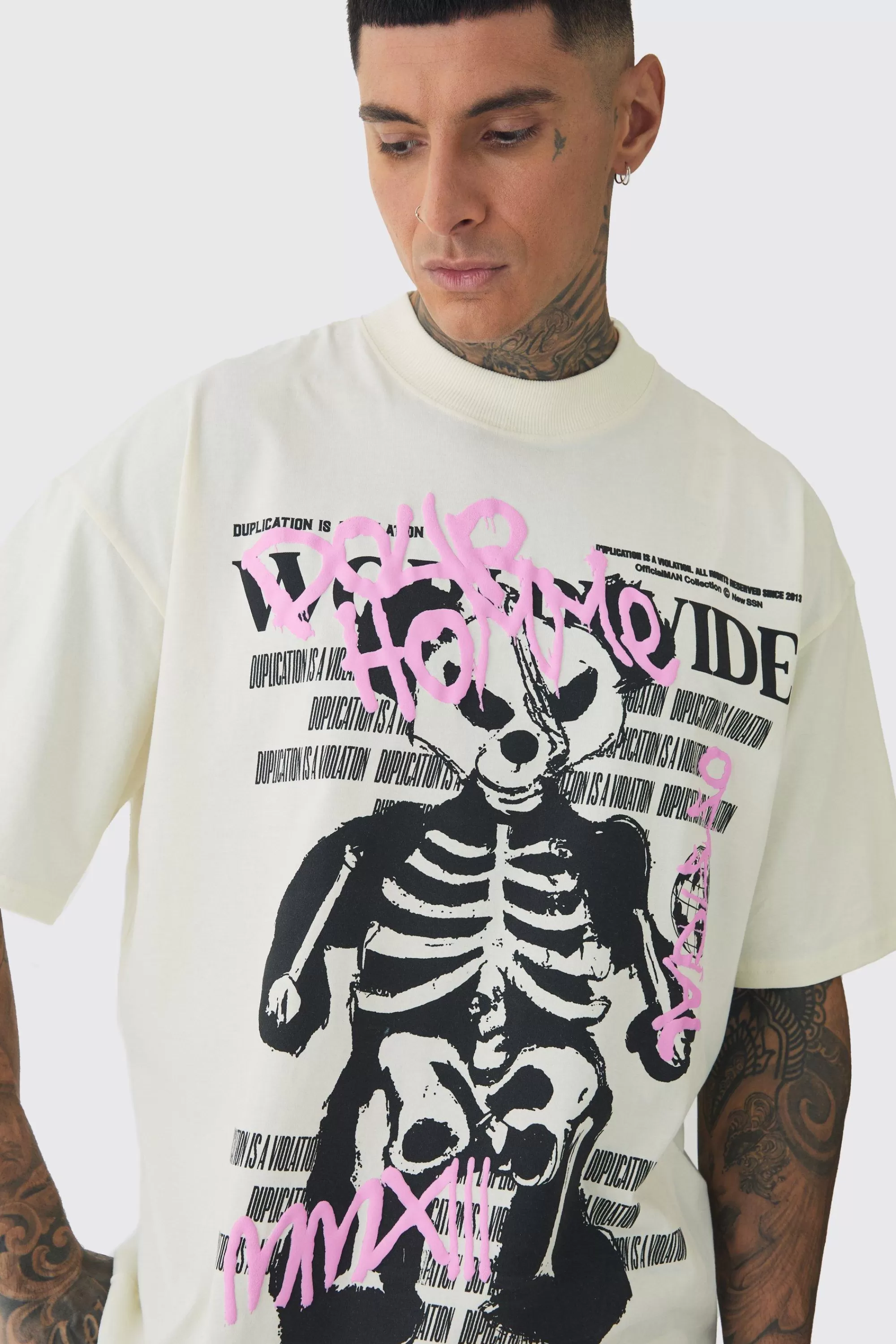 boohooMAN Tall Oversized Teddy Skeleton Graphic Puff Print T-Shirt | UK ecru Fashion