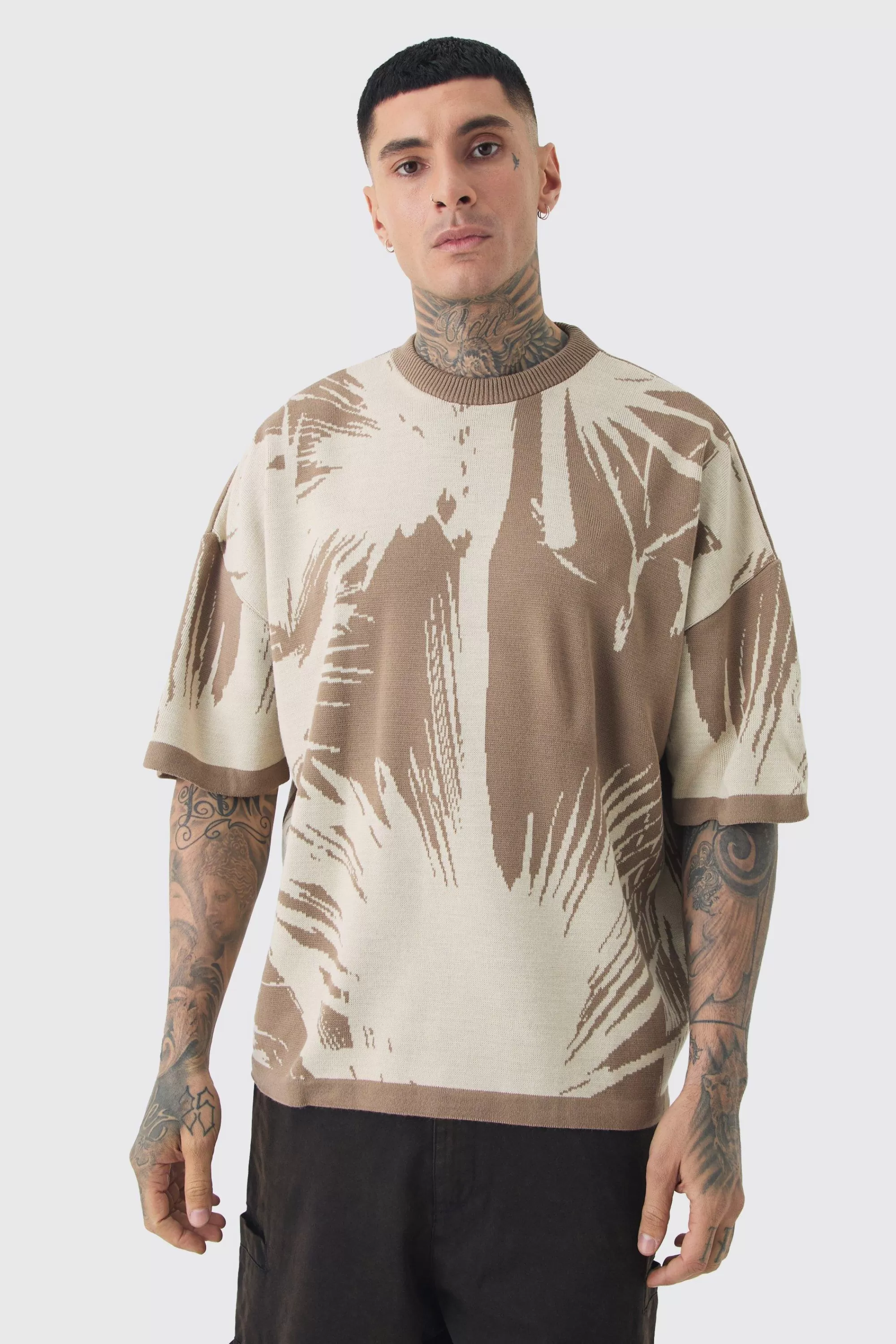 boohooMAN Tall Oversized Tonal Abstract Drawing Knitted T-shirt | UK taupe New