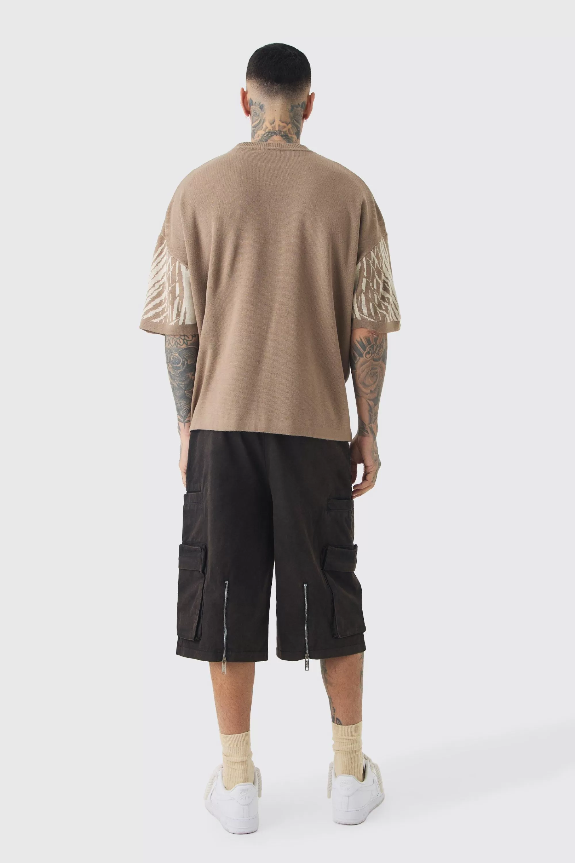boohooMAN Tall Oversized Tonal Abstract Drawing Knitted T-shirt | UK taupe New