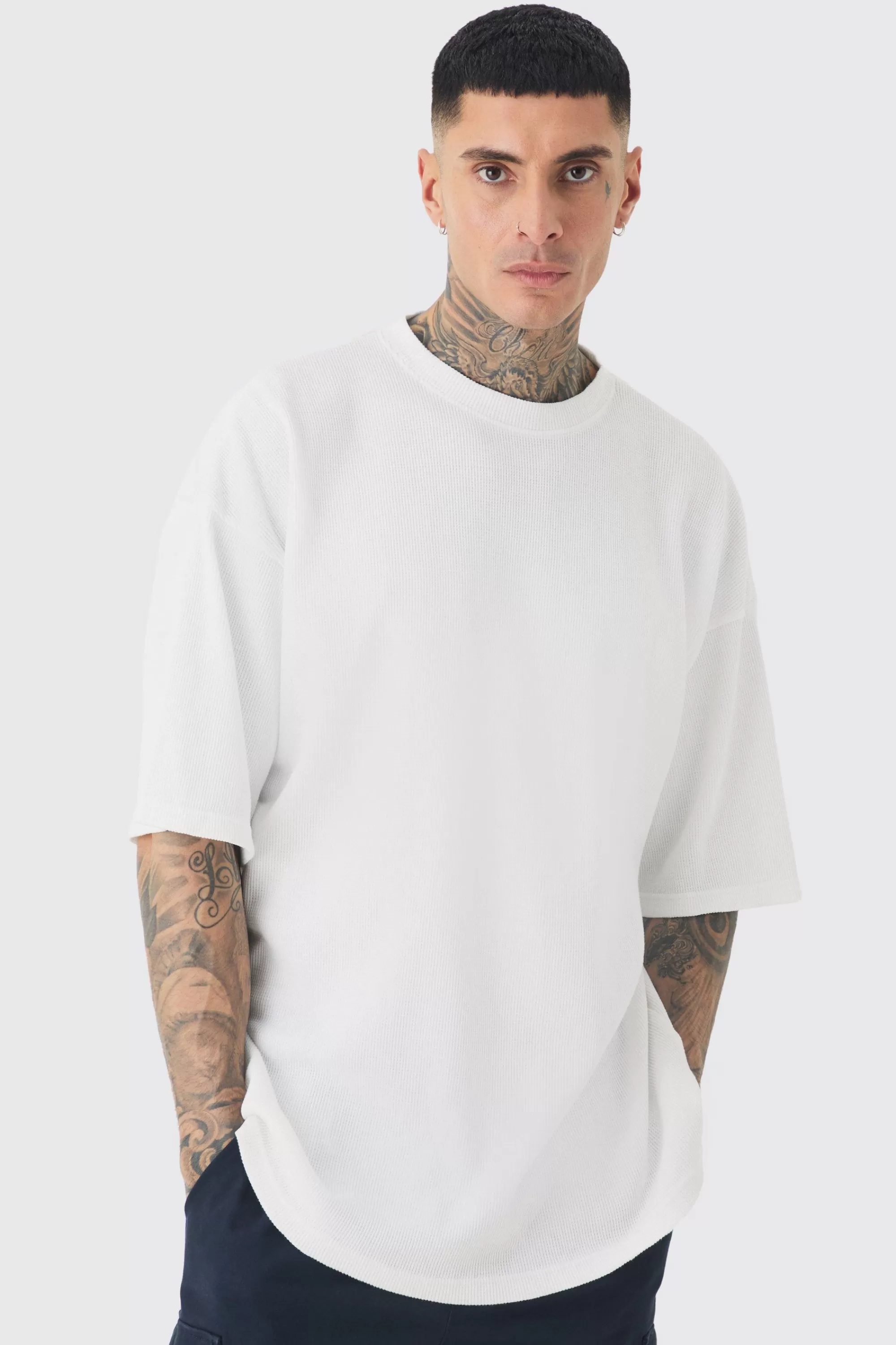 boohooMAN Tall Oversized Waffle T-shirt | UK white Online