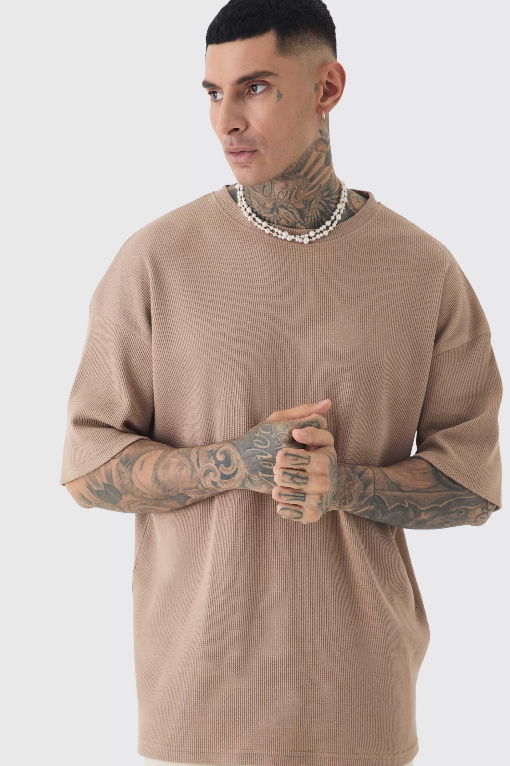 boohooMAN Tall Oversized Waffle T-shirt | UK mocha Clearance