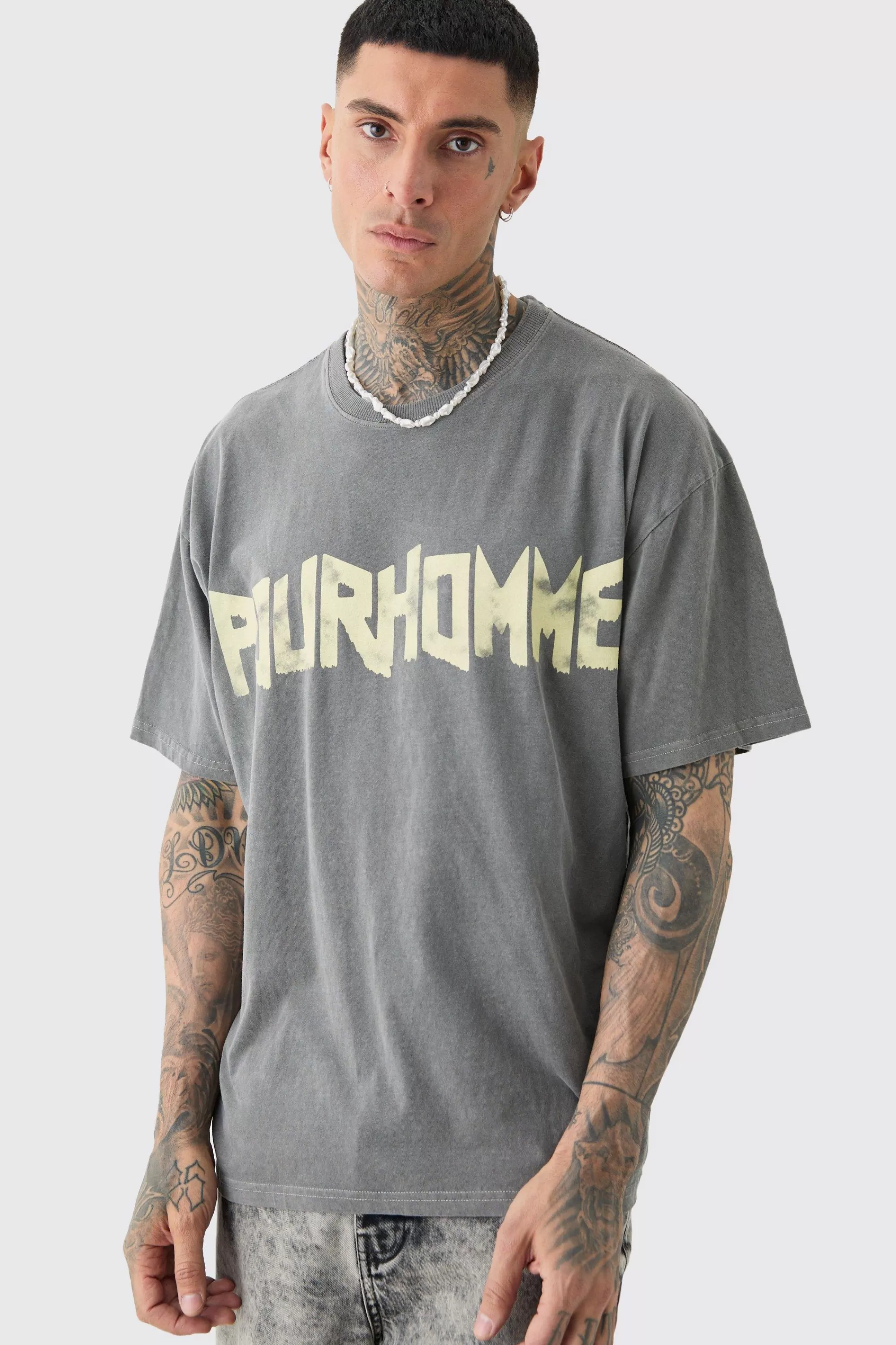 boohooMAN Tall Oversized Washed Pour Homme Print T-shirt | UK charcoal Store