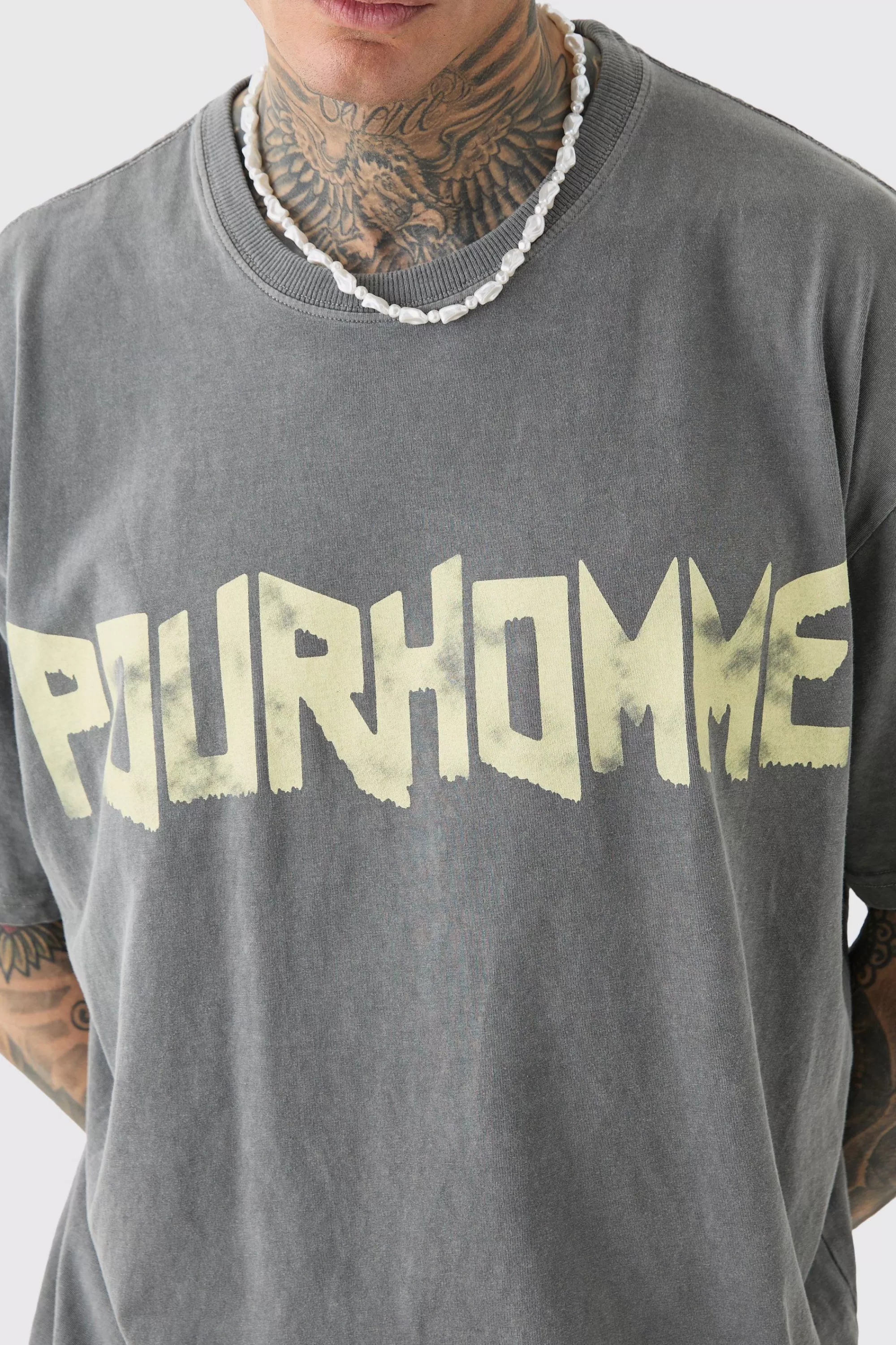 boohooMAN Tall Oversized Washed Pour Homme Print T-shirt | UK charcoal Store