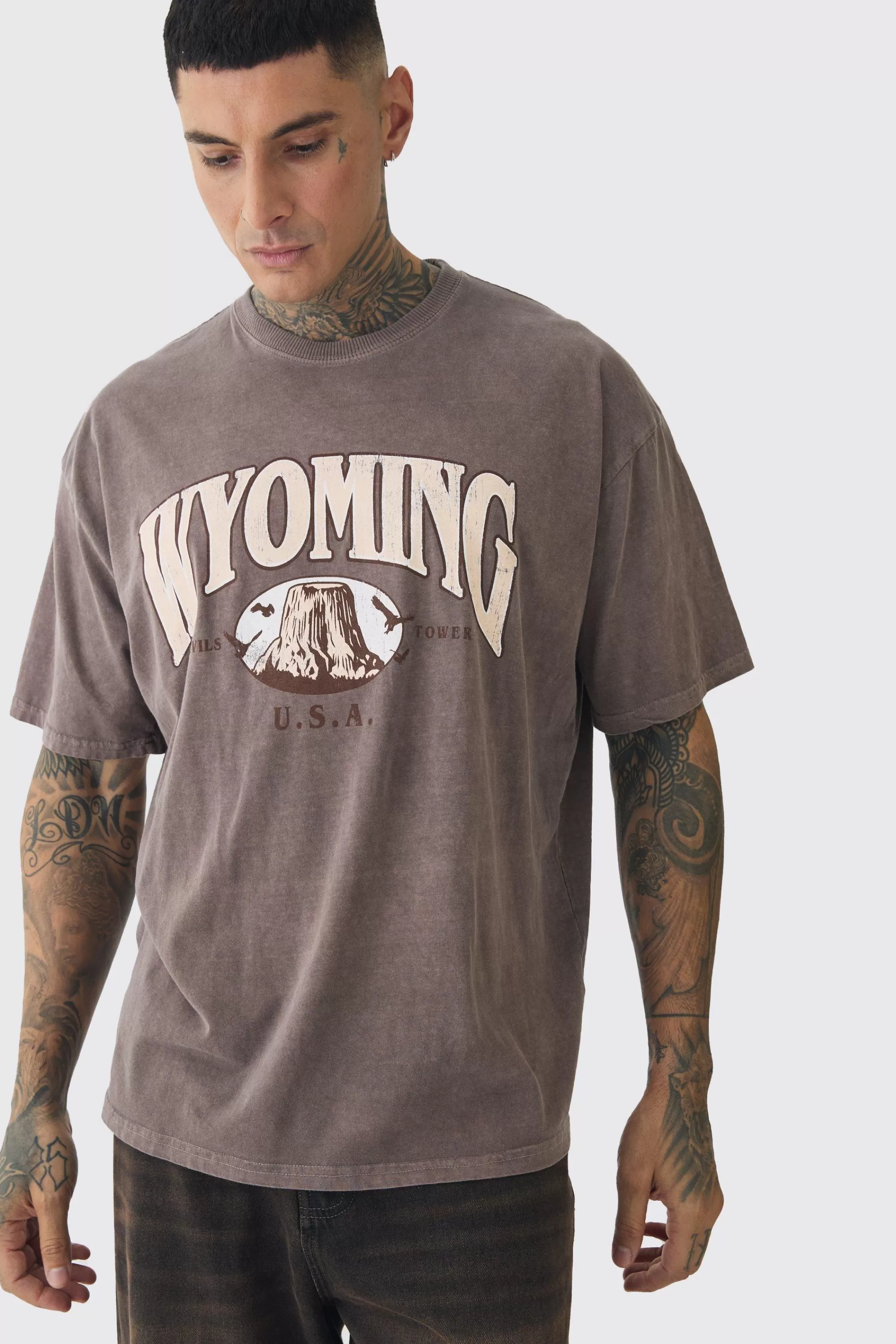boohooMAN Tall Oversized Washed Wyoming Print T-shirt | UK chocolate Cheap