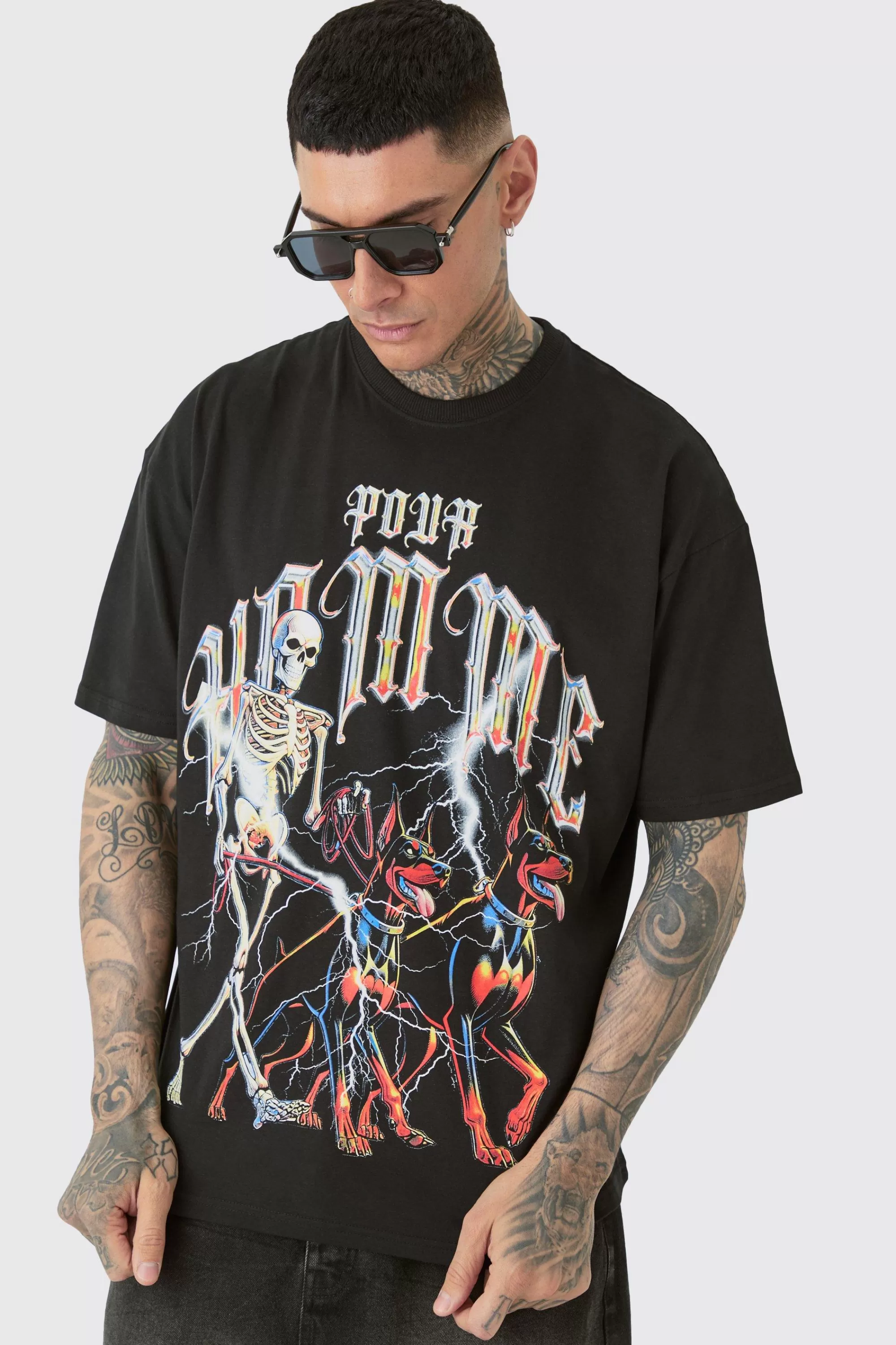 boohooMAN Tall Pour Homme Dog Skeleton T-shirt In | UK black Shop