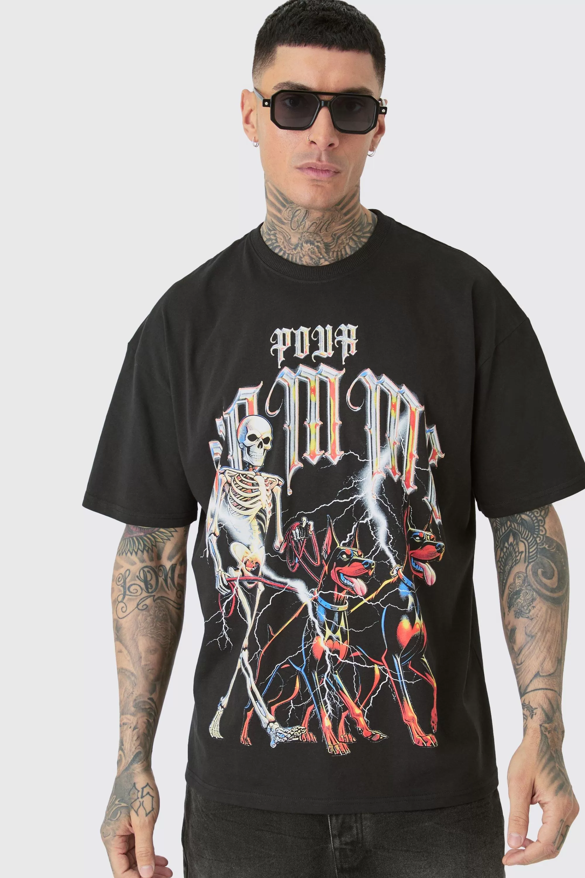 boohooMAN Tall Pour Homme Dog Skeleton T-shirt In | UK black Shop