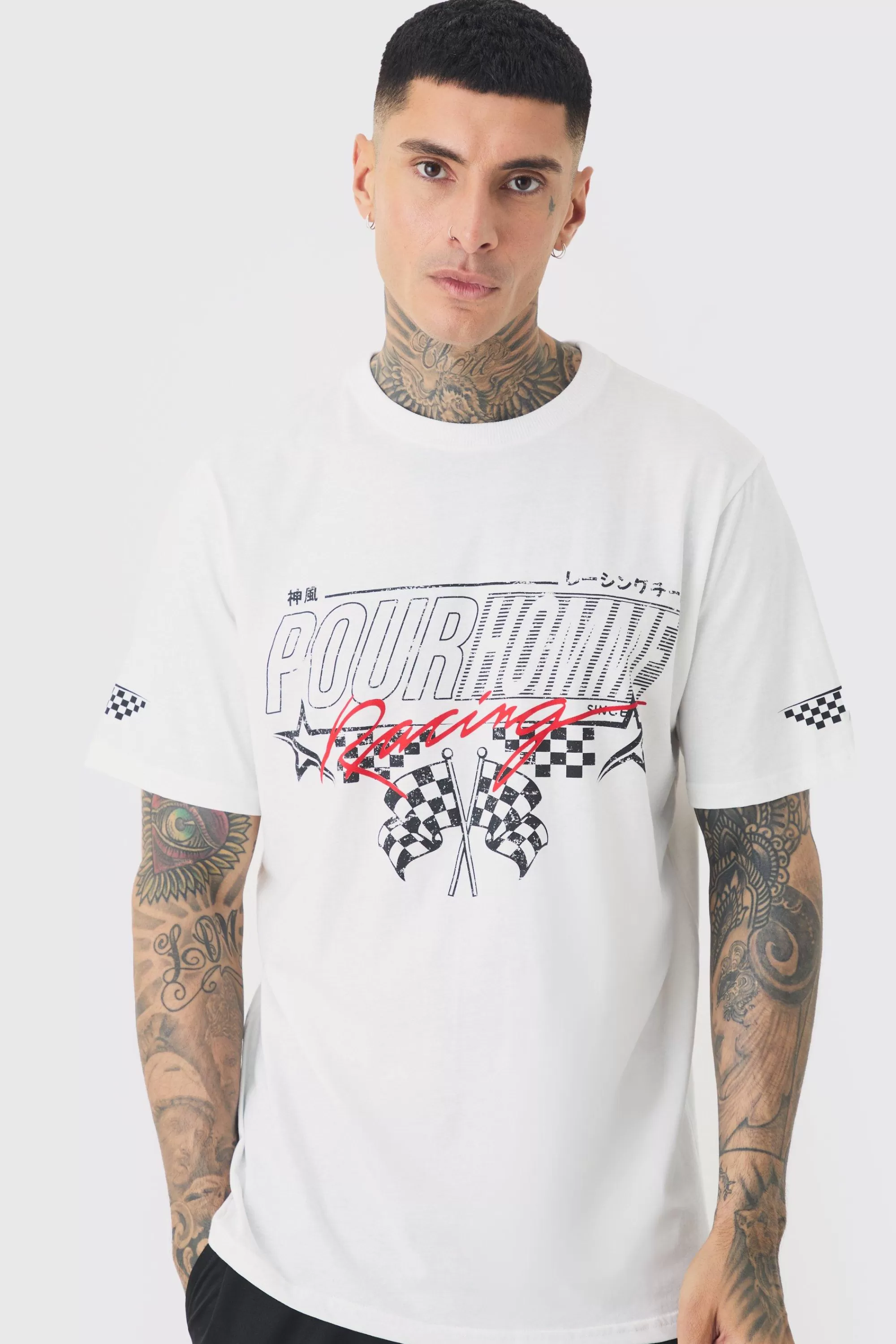boohooMAN Tall Pour Homme Racing Print T-shirt | UK white Clearance