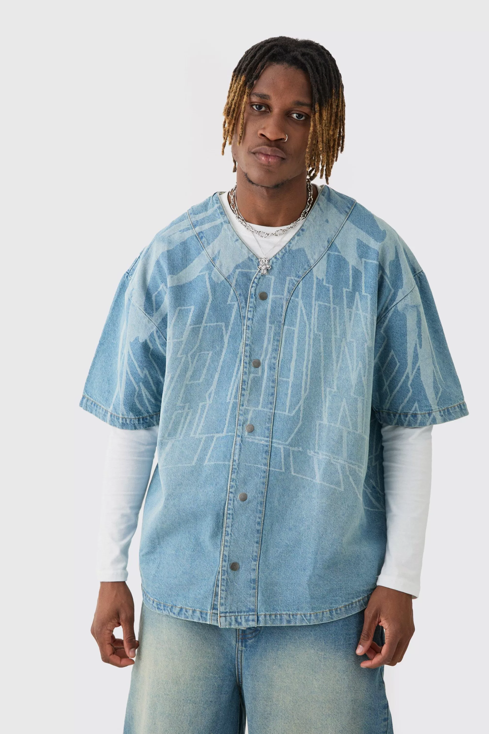 boohooMAN Tall Printed Graphic Denim Baseball Shirt | UK light blue Shop