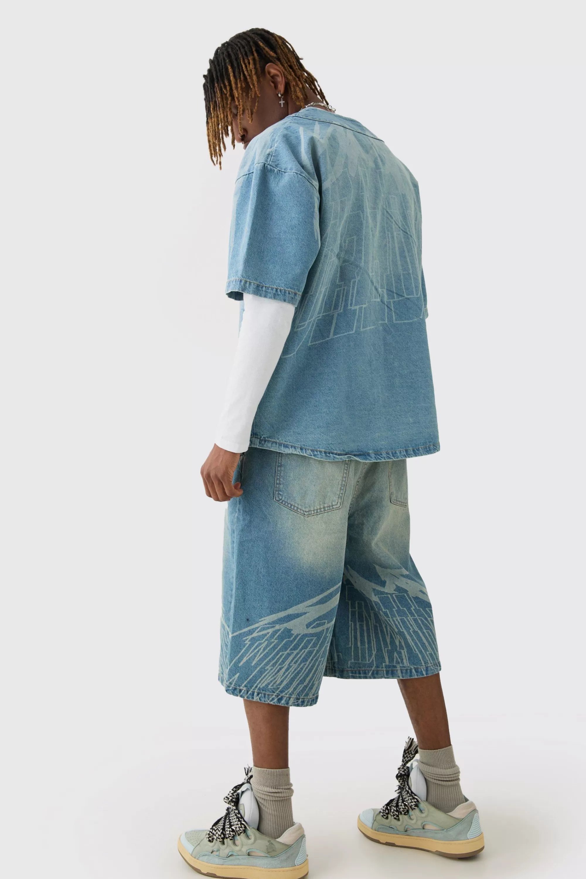 boohooMAN Tall Printed Graphic Denim Baseball Shirt | UK light blue Shop