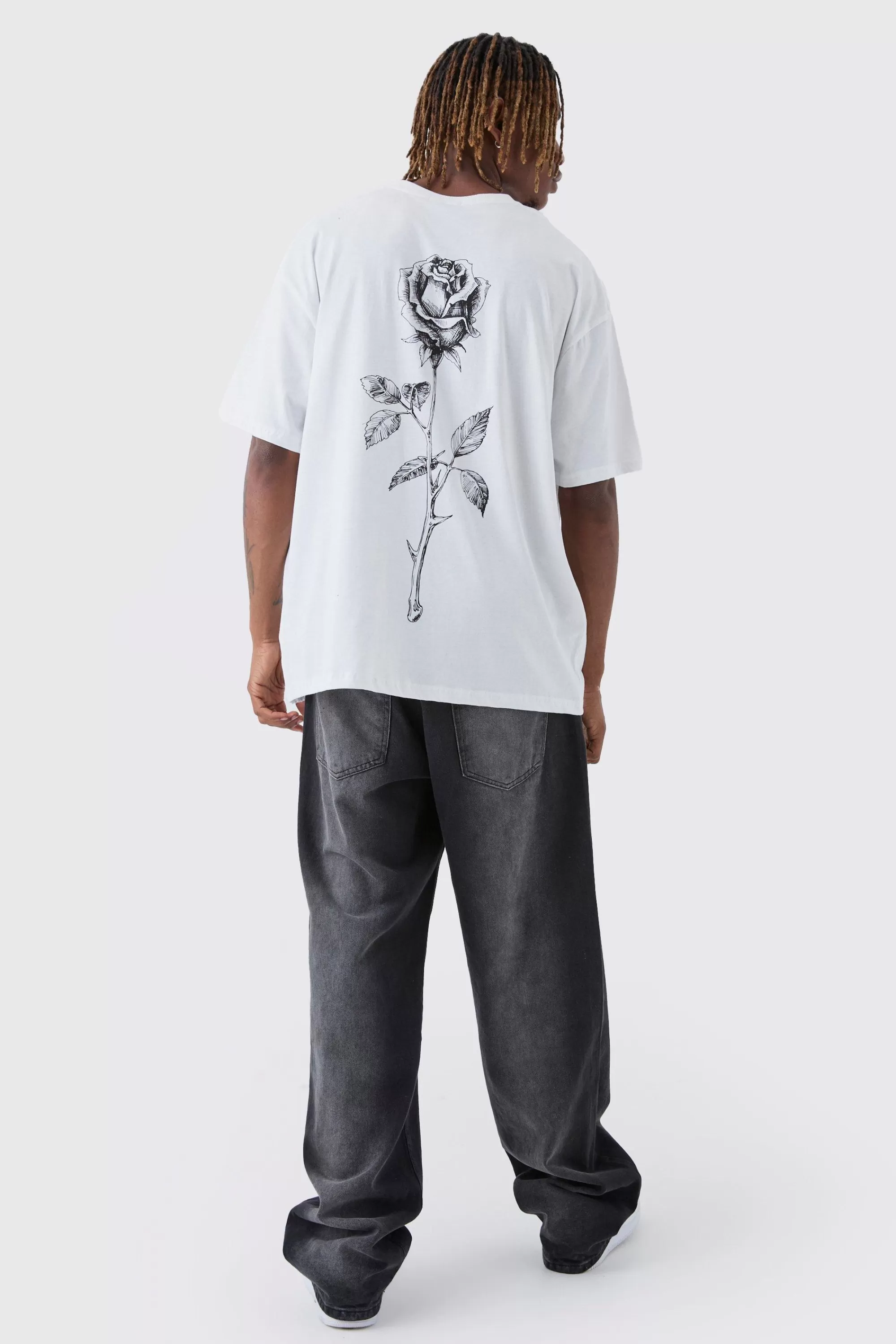 boohooMAN Tall Rose Back Printed Oversized T-Shirt | UK white Online