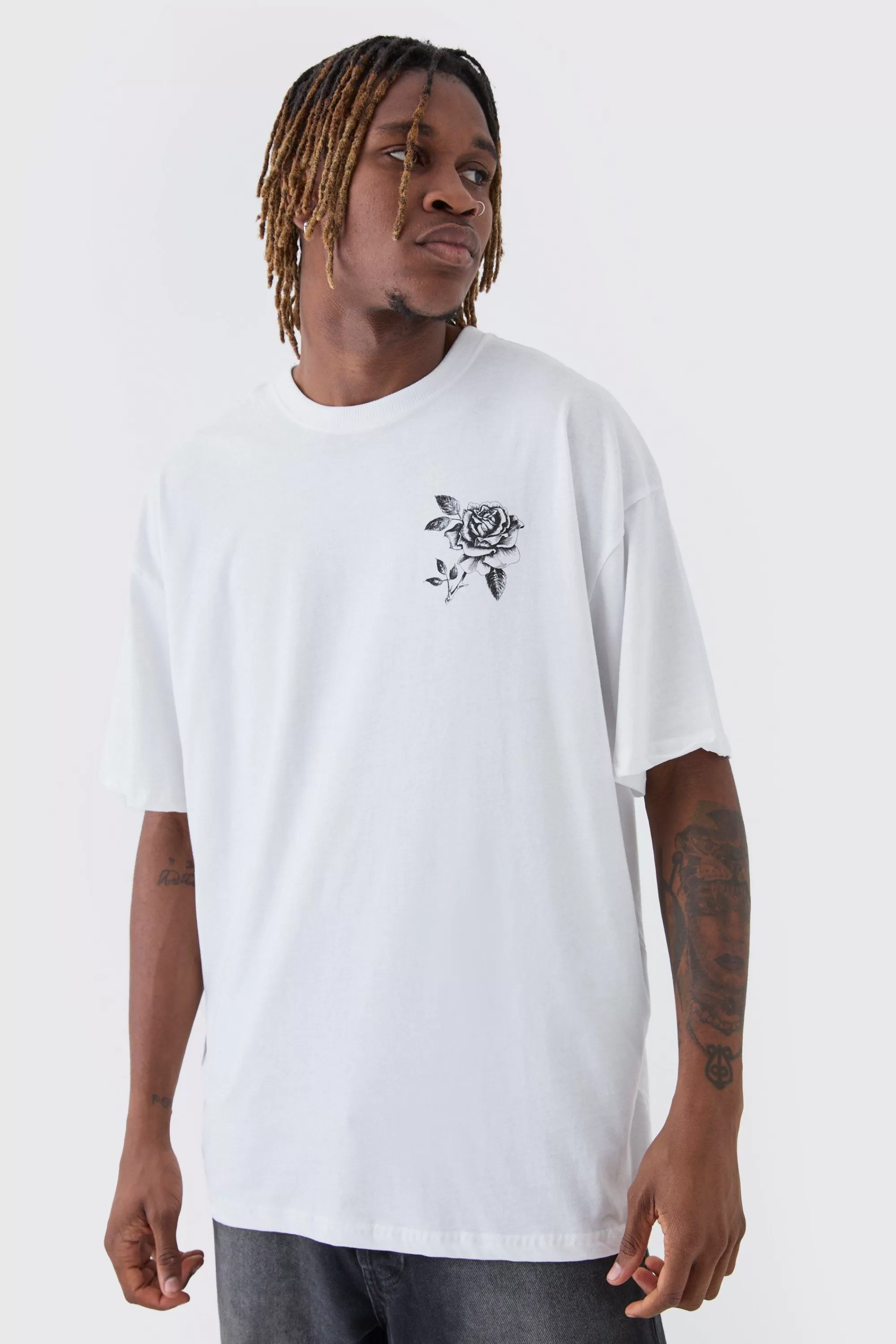 boohooMAN Tall Rose Back Printed Oversized T-Shirt | UK white Online
