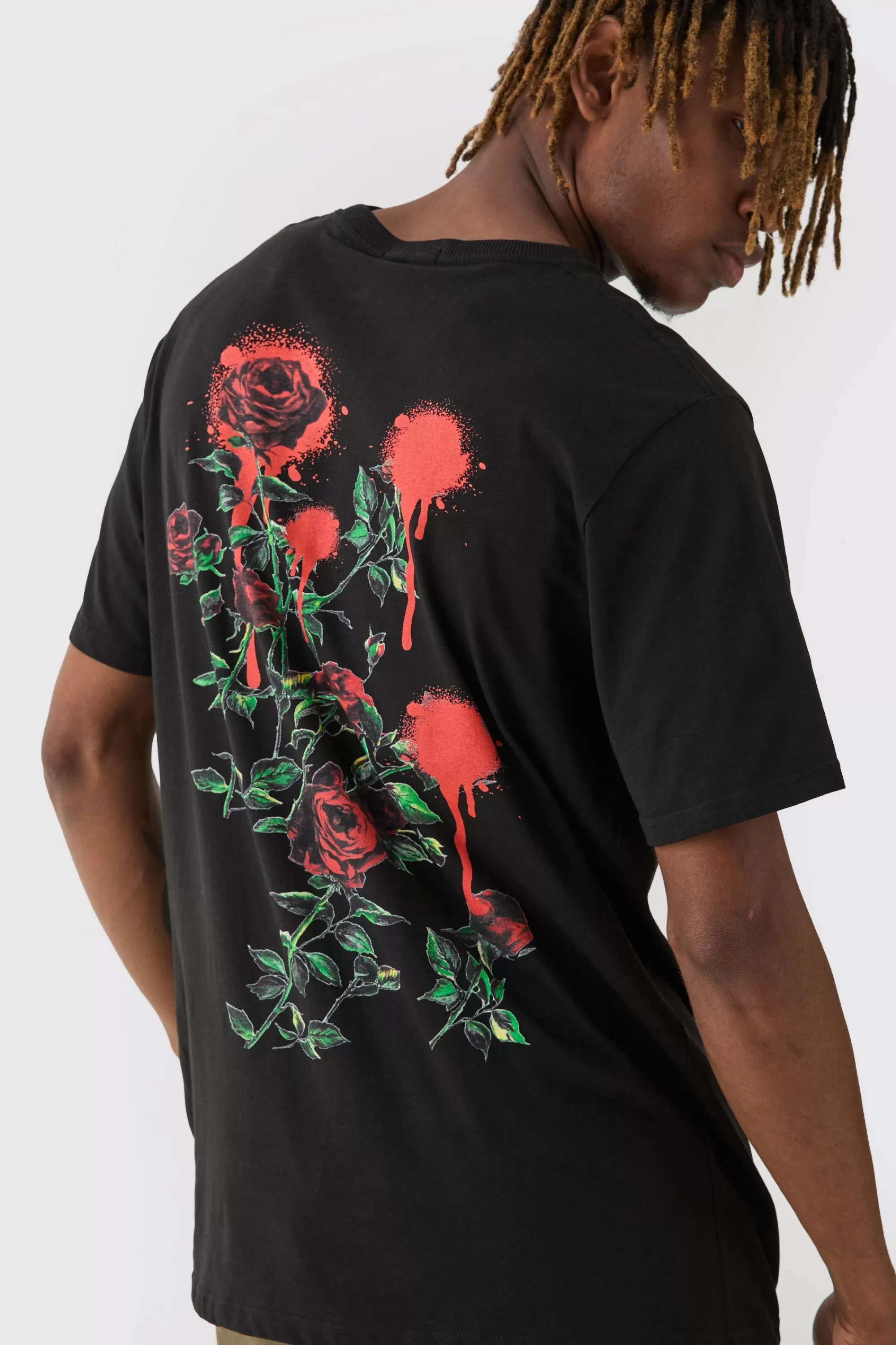 boohooMAN Tall Rose Floral Back Print T-shirt | UK black Fashion