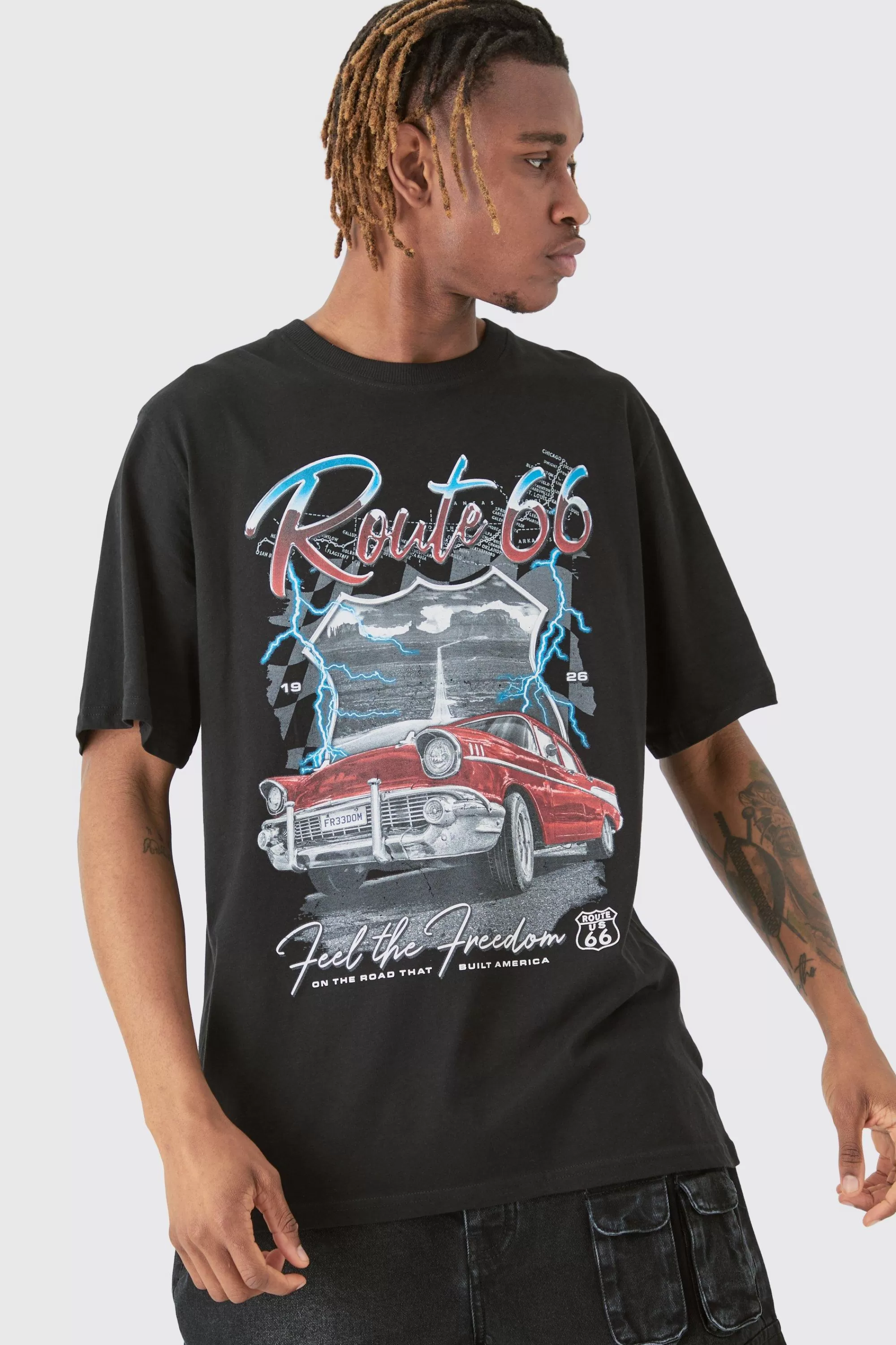 boohooMAN Tall Route 66 Racer Printed T-shirt In | UK black Cheap
