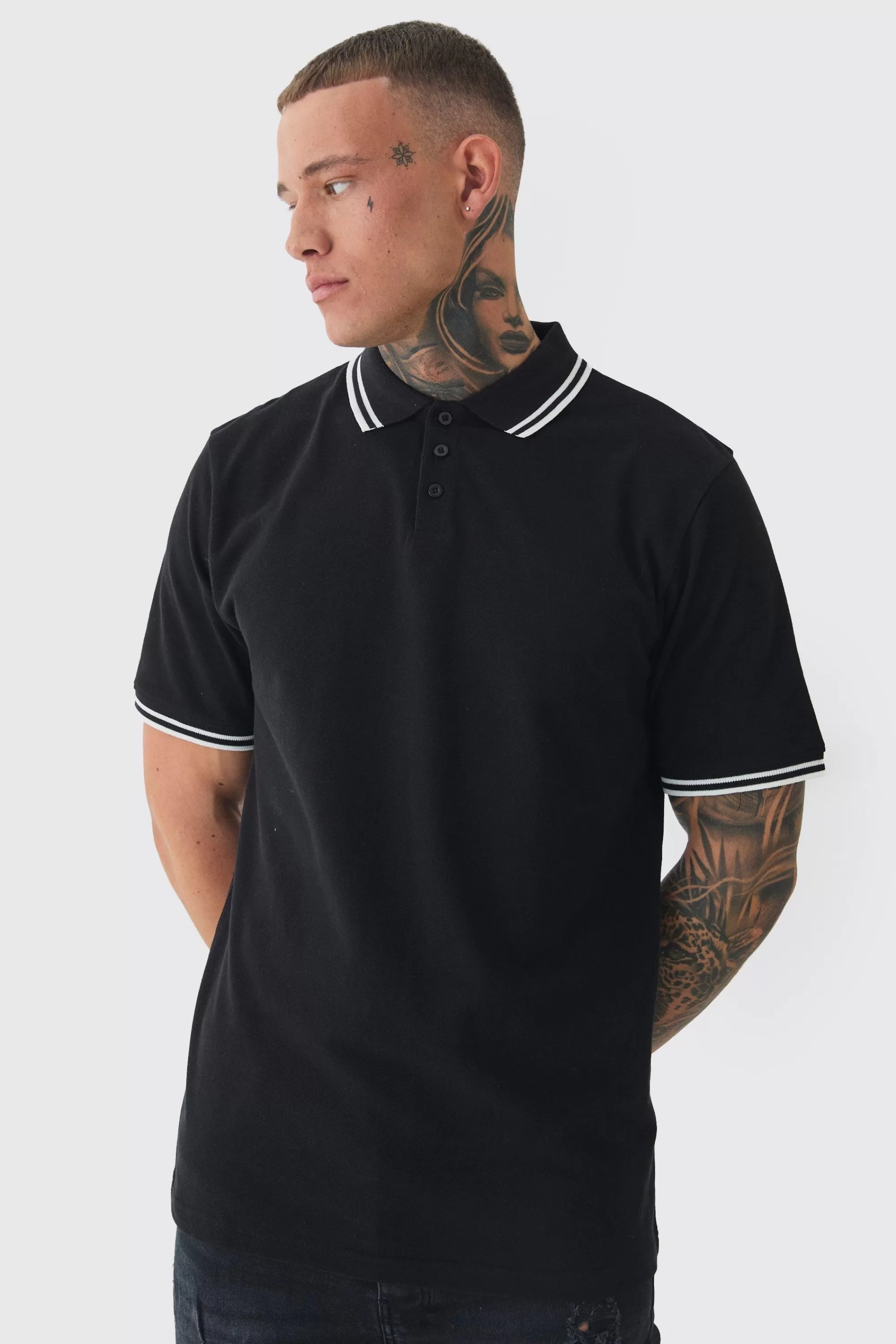 boohooMAN Tall Slim Tipped Pique Polo In | UK black Shop
