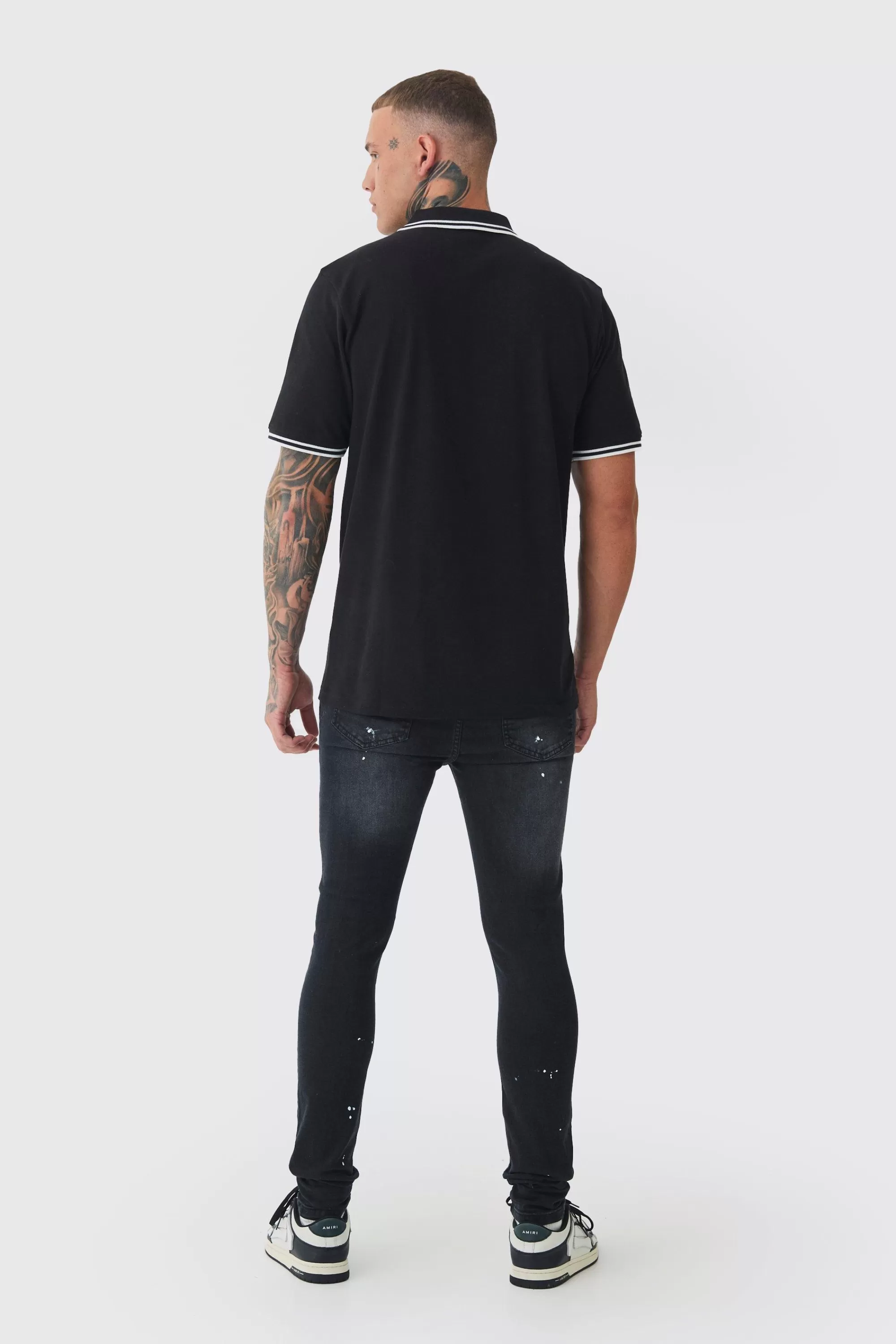 boohooMAN Tall Slim Tipped Pique Polo In | UK black Shop
