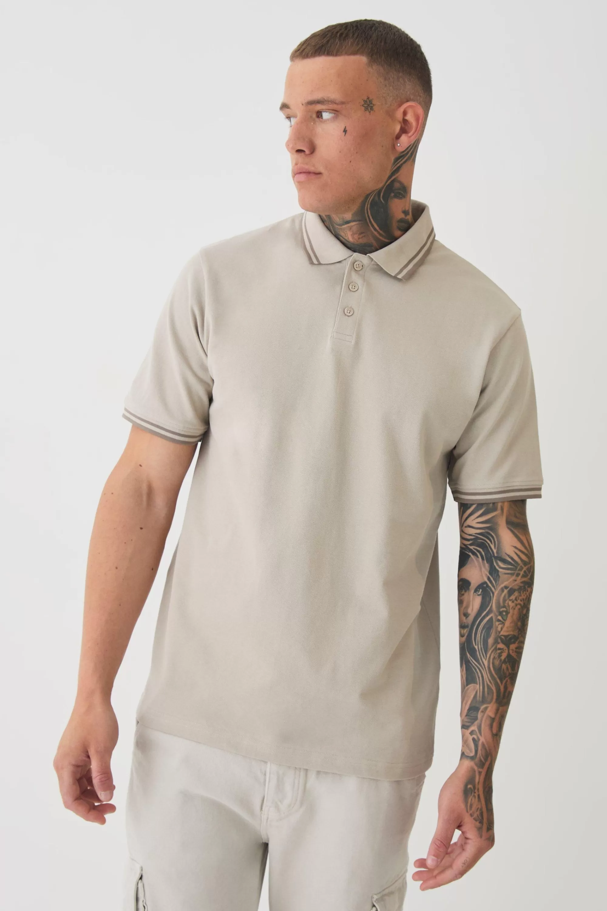 boohooMAN Tall Slim Tipped Pique Polo In | UK stone Cheap