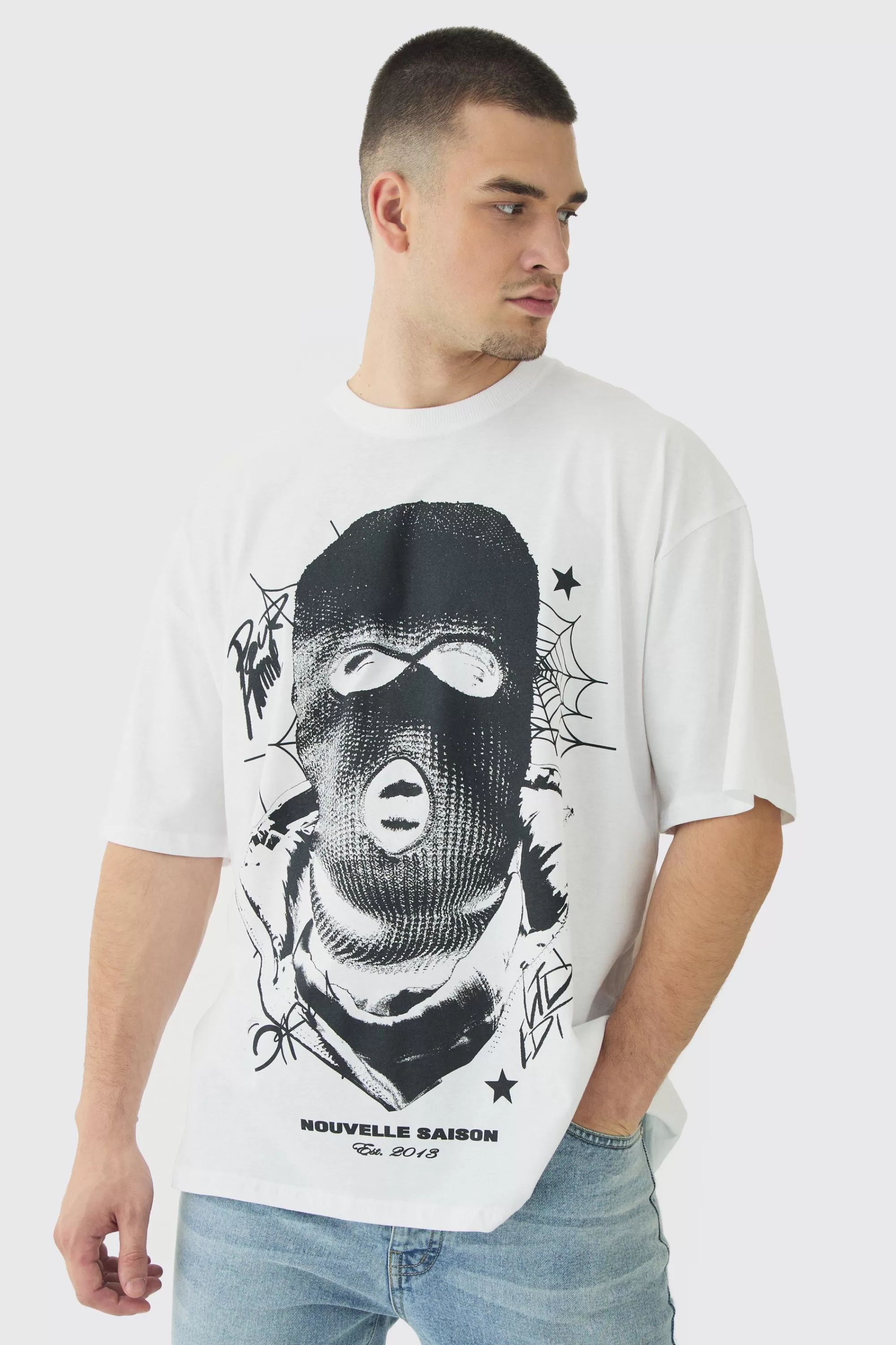 boohooMAN Tall Spiderweb Balaclava Graphic T-Shirt | UK white Store