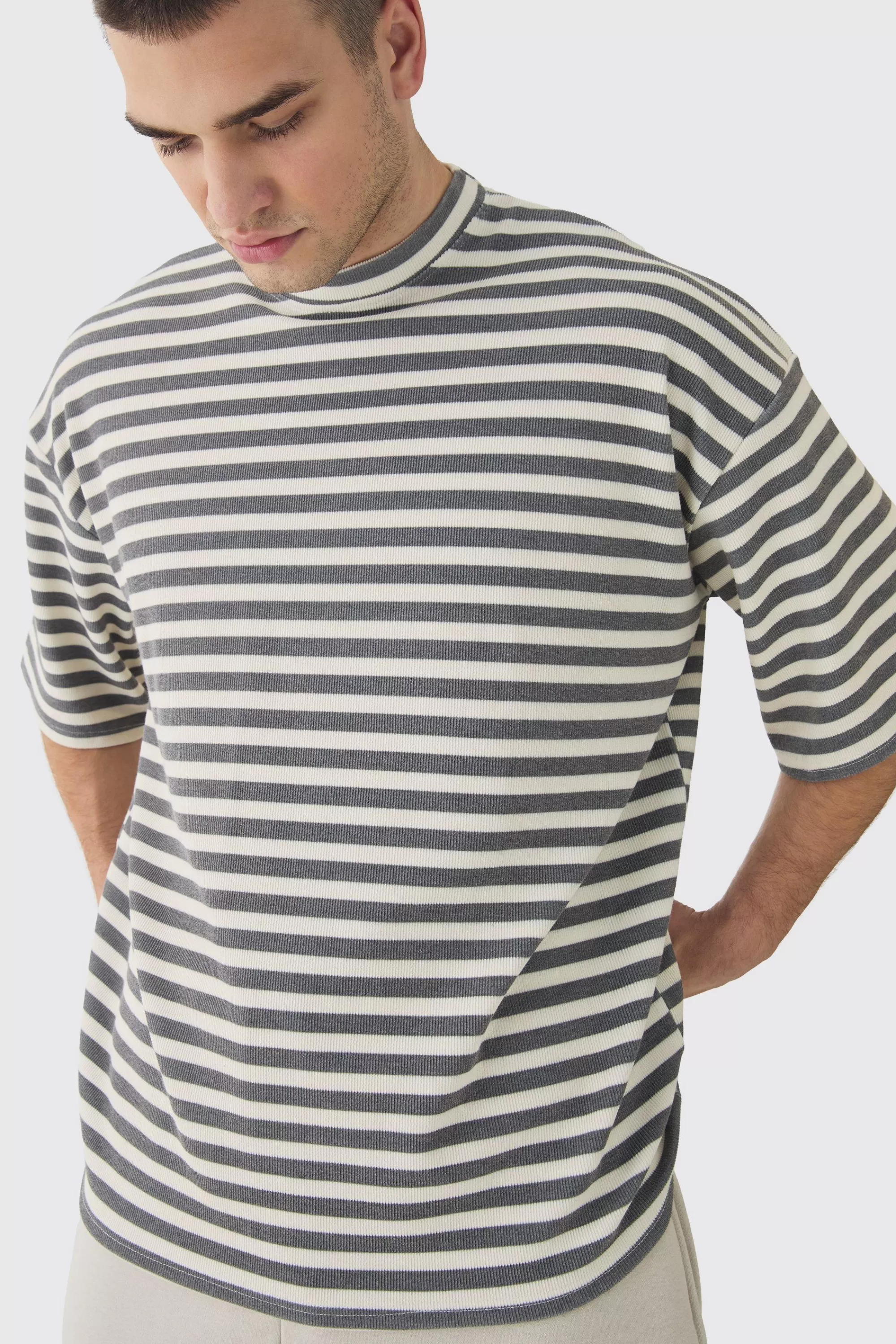 boohooMAN Tall Stripe Compact Rib Boxy Oversized T-Shirt | UK white Fashion