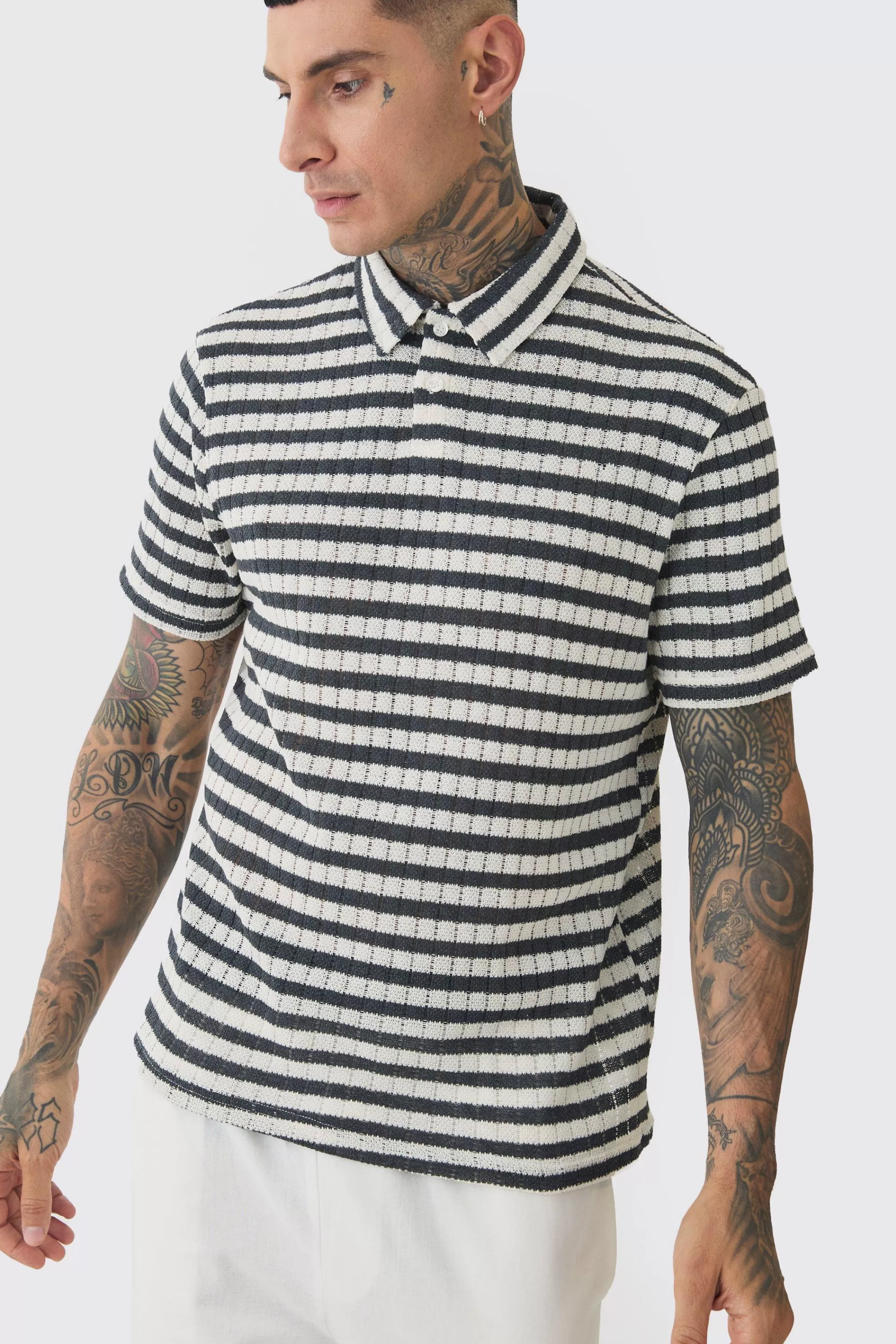 boohooMAN Tall Textured Stripe Polo | UK charcoal Store