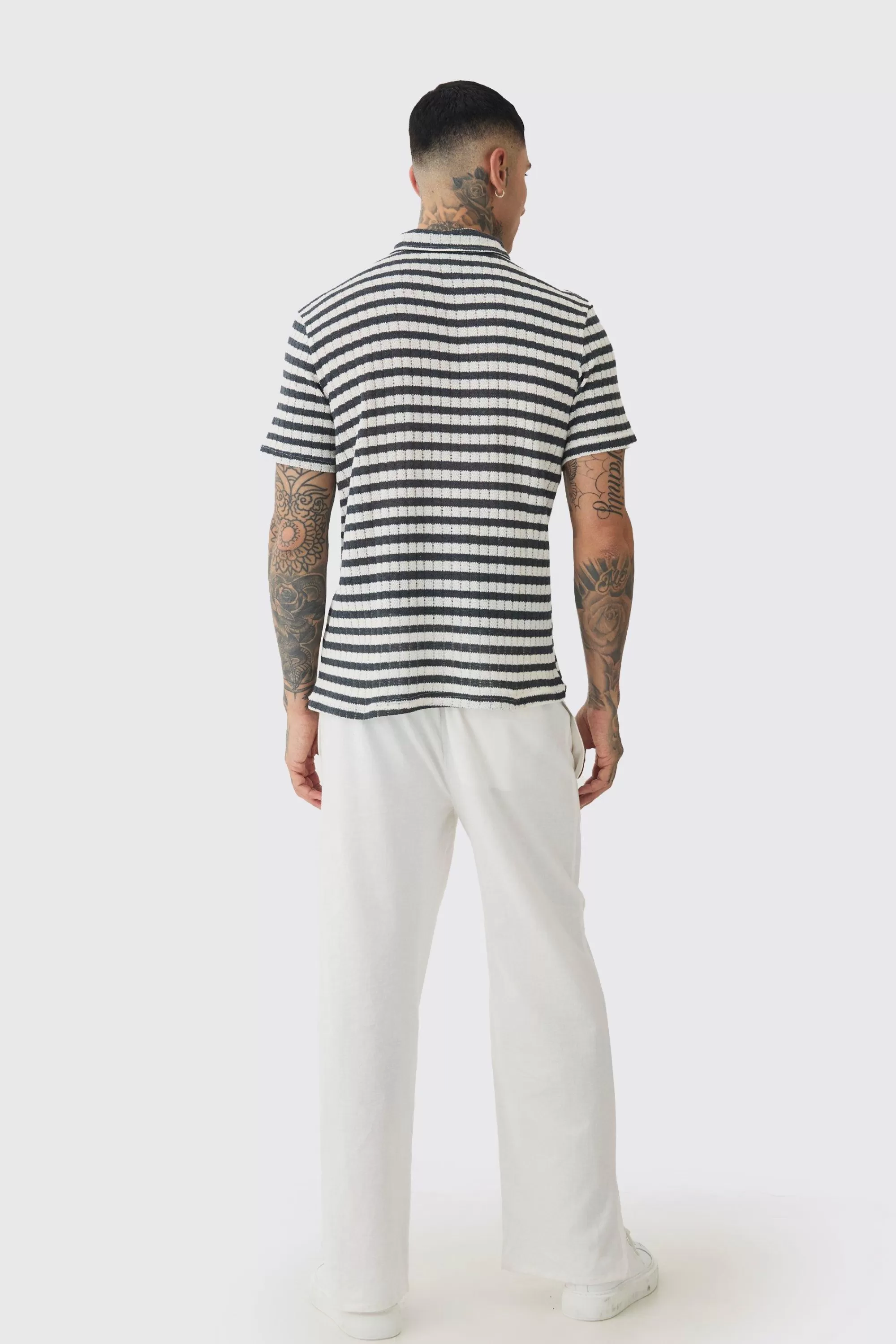 boohooMAN Tall Textured Stripe Polo | UK charcoal Store