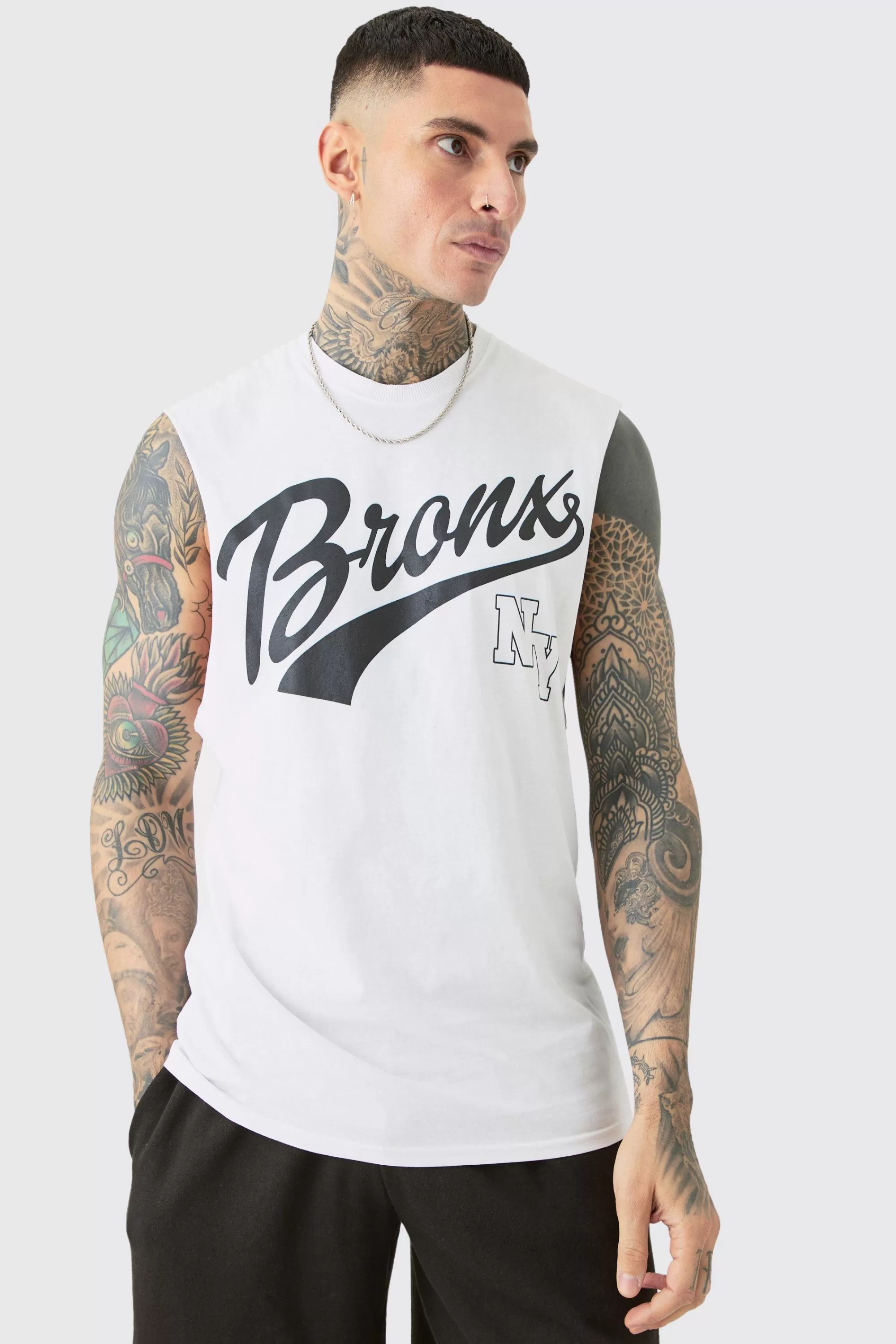 boohooMAN Tall Varsity Bronx Tank In | UK white Cheap