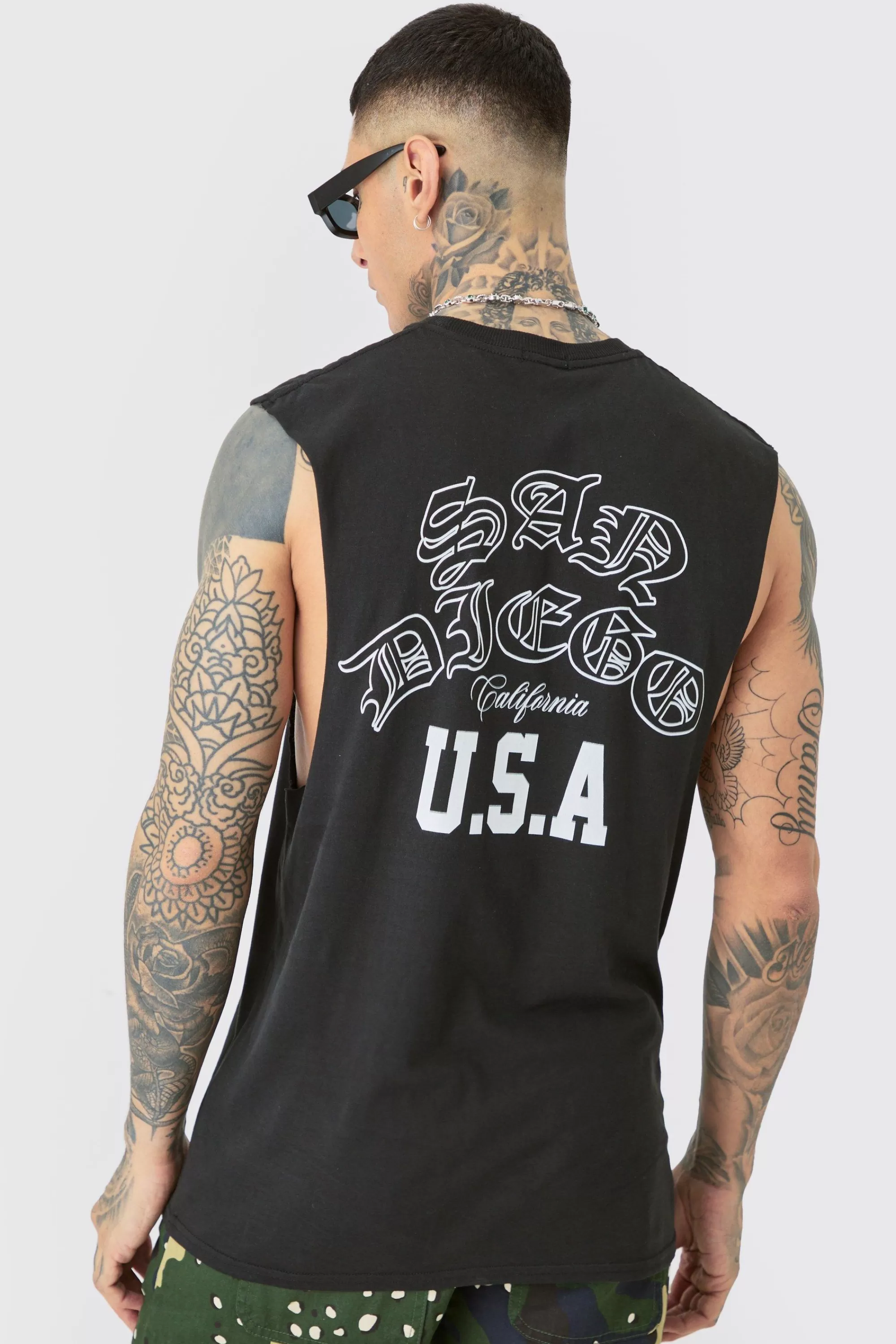 boohooMAN Tall Varsity San Diego Backprint Tank In | UK black Best Sale