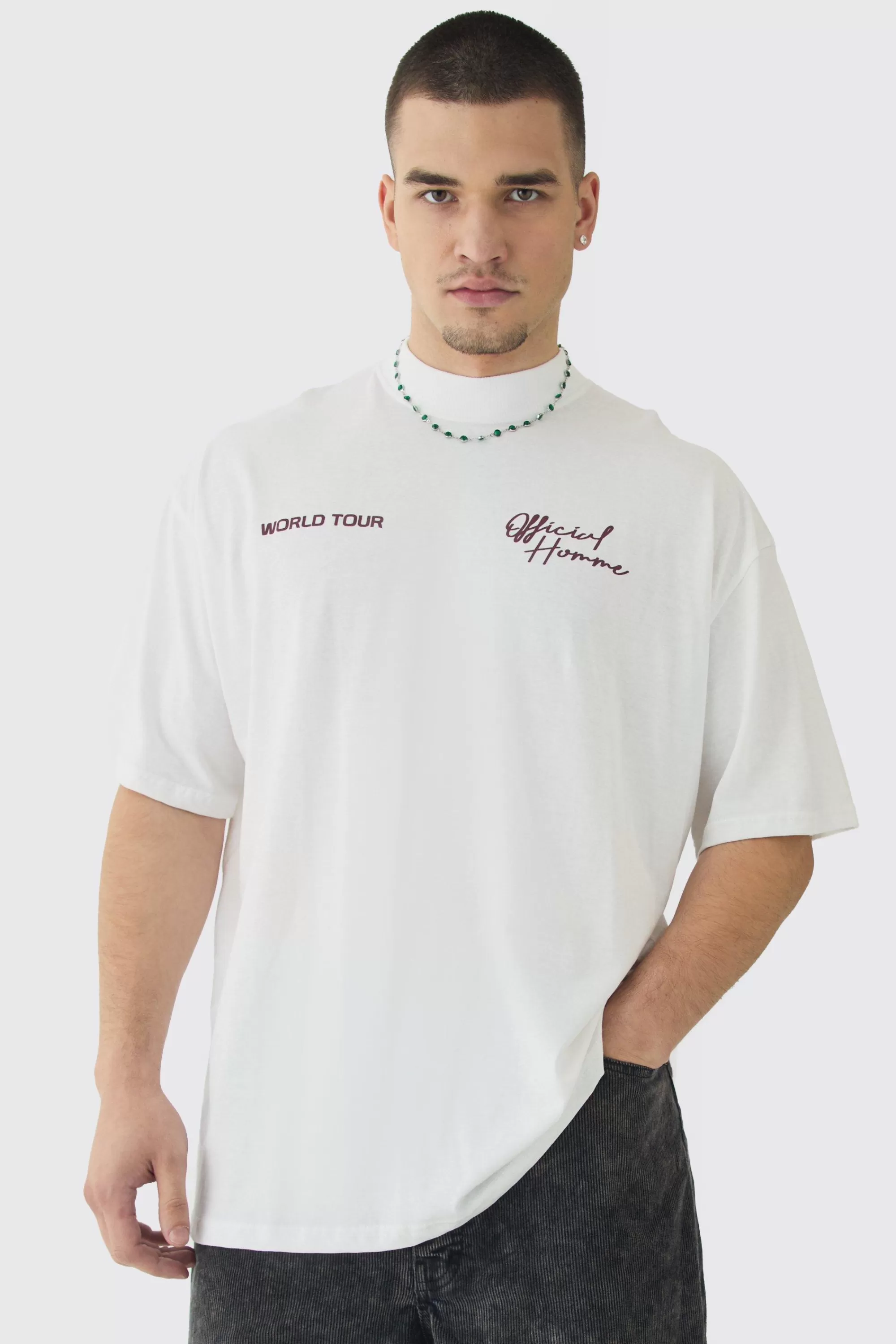 boohooMAN Tall World Tour Extended Neck Oversized T-Shirt | UK white Clearance