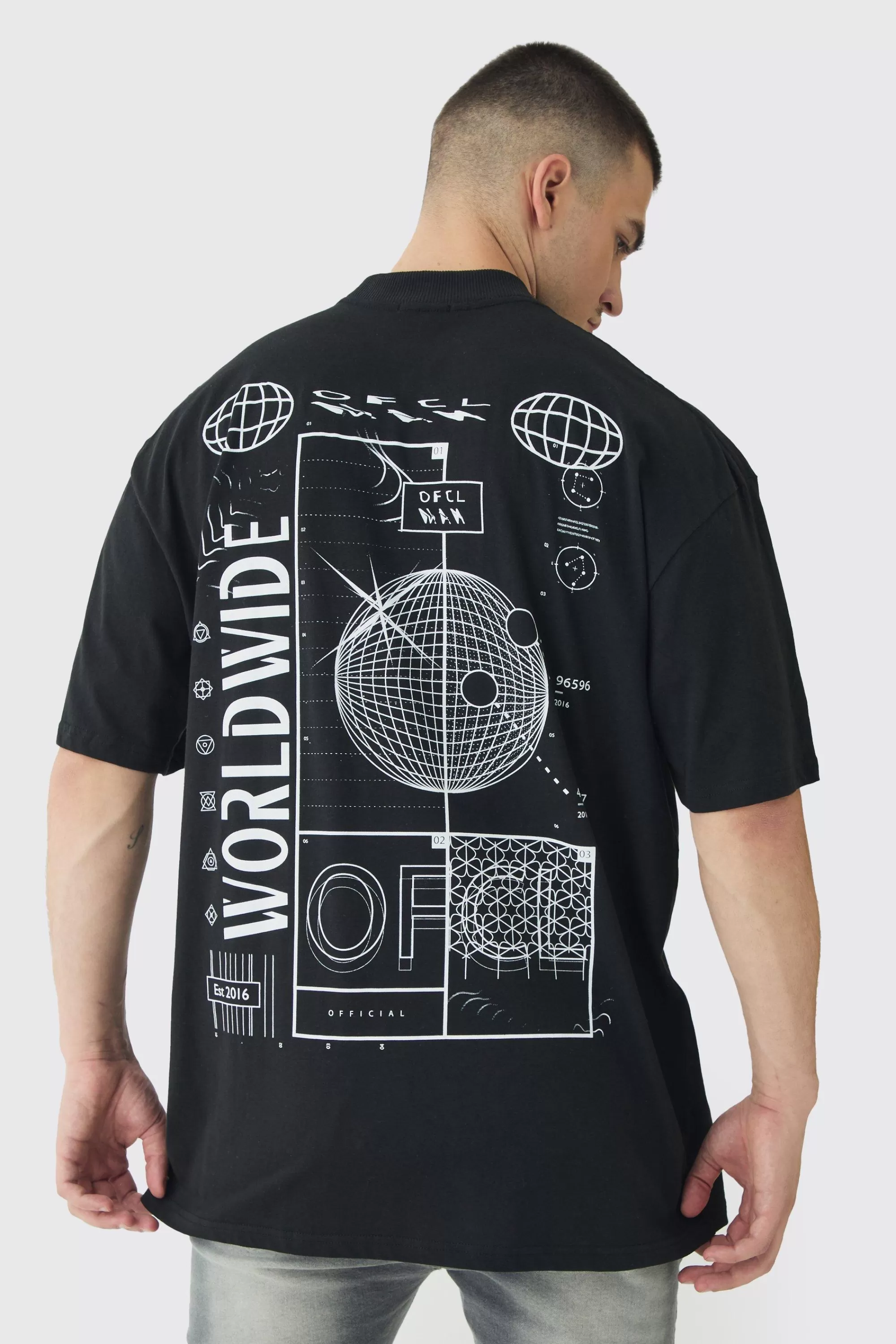 boohooMAN Tall Worldwide Abstract Graphic Extended Neck T-Shirt | UK black Online