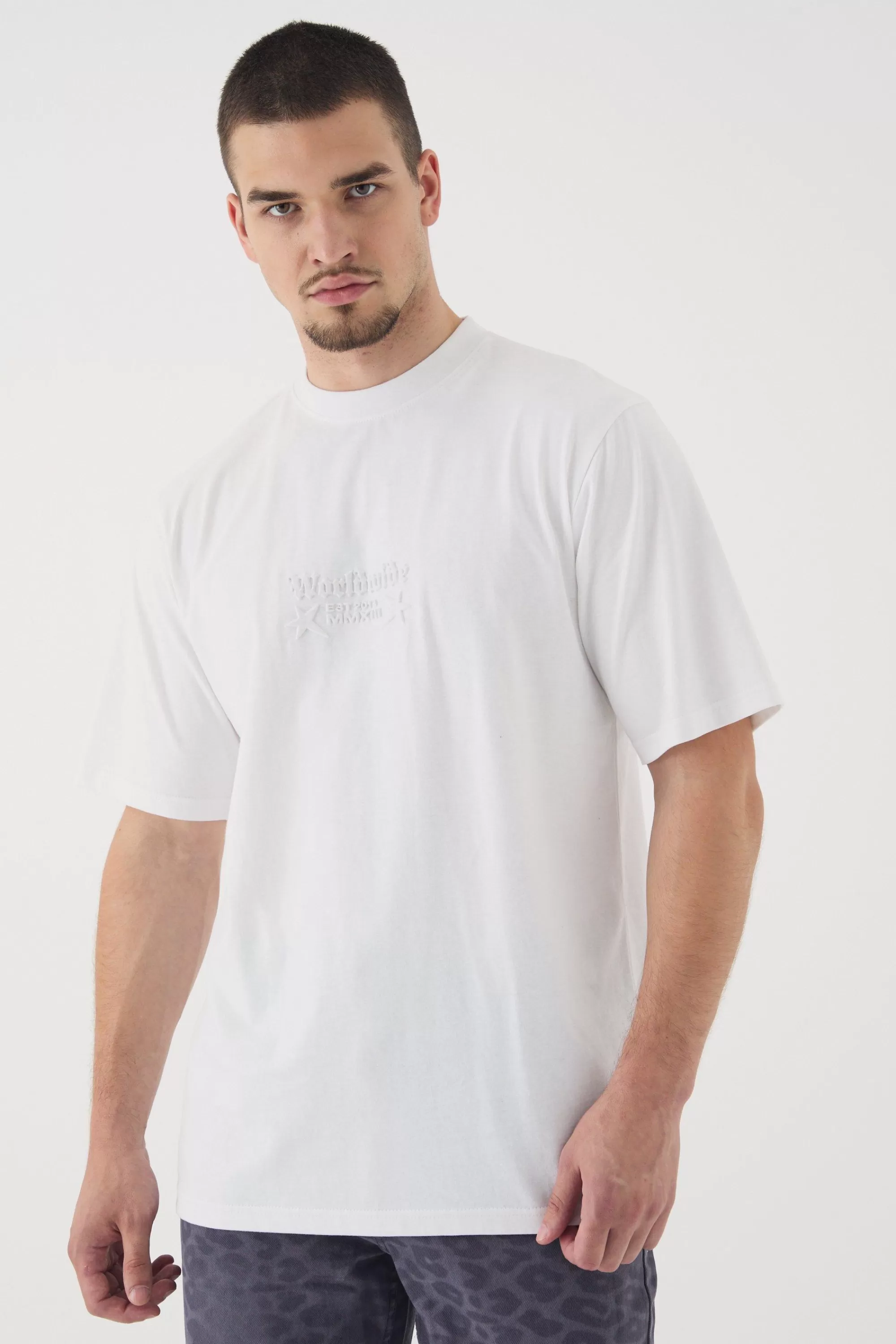 boohooMAN Tall Worldwide Debossed T-shirt In | UK white Cheap