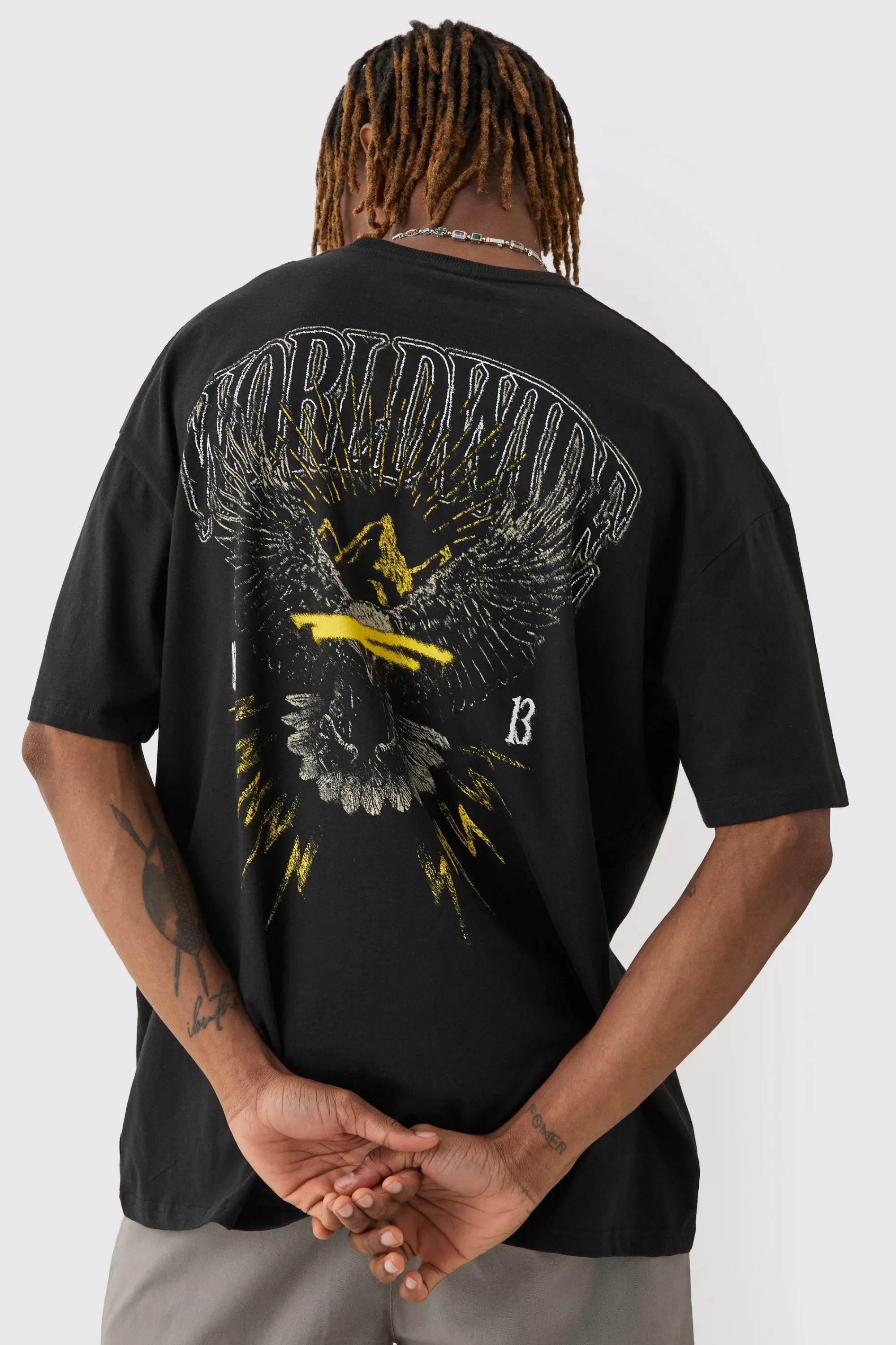 boohooMAN Tall Worldwide Eagle Back Print T-Shirt | UK black Store