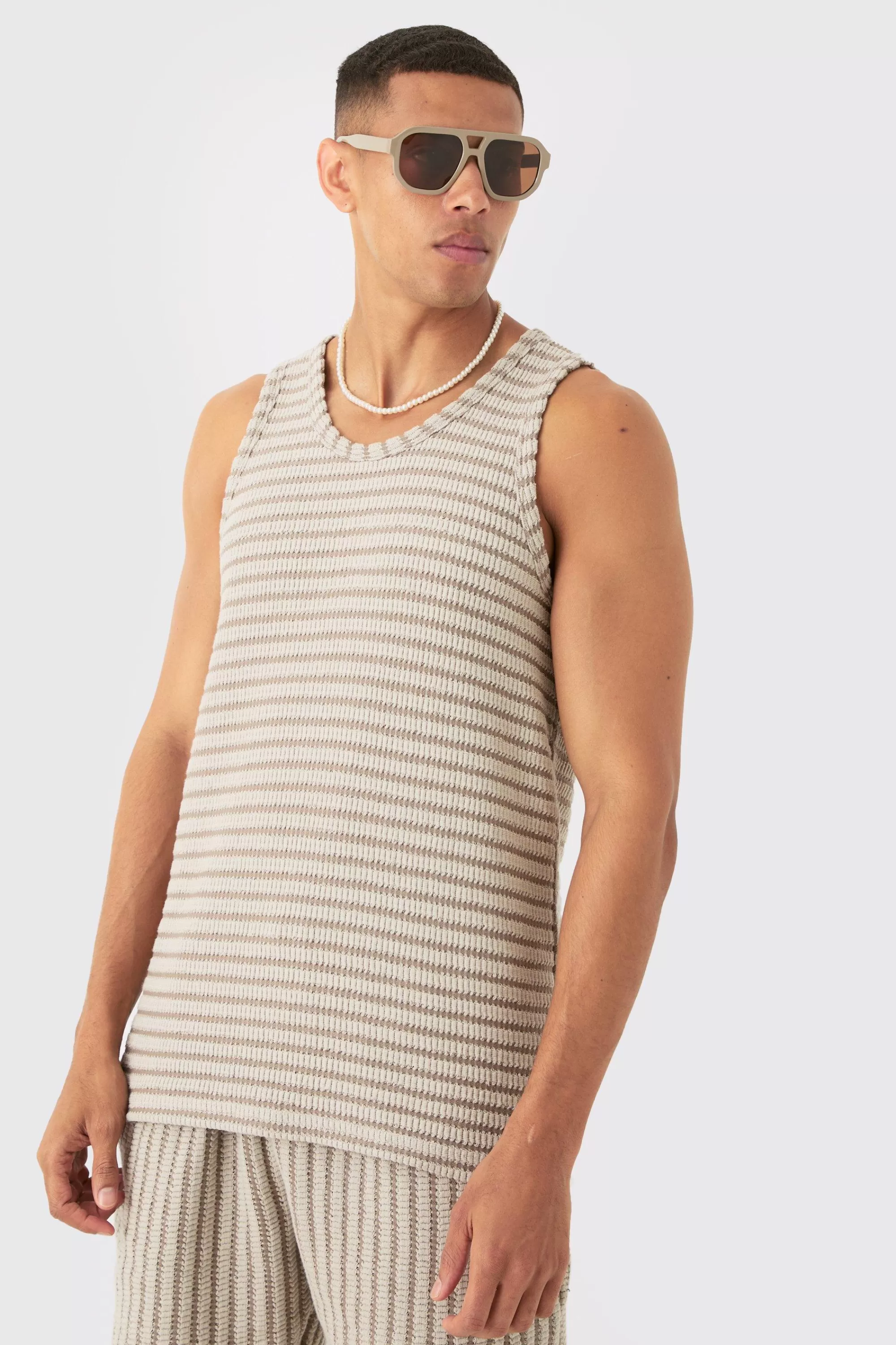 boohooMAN Textured Stripe Vest | UK stone Discount