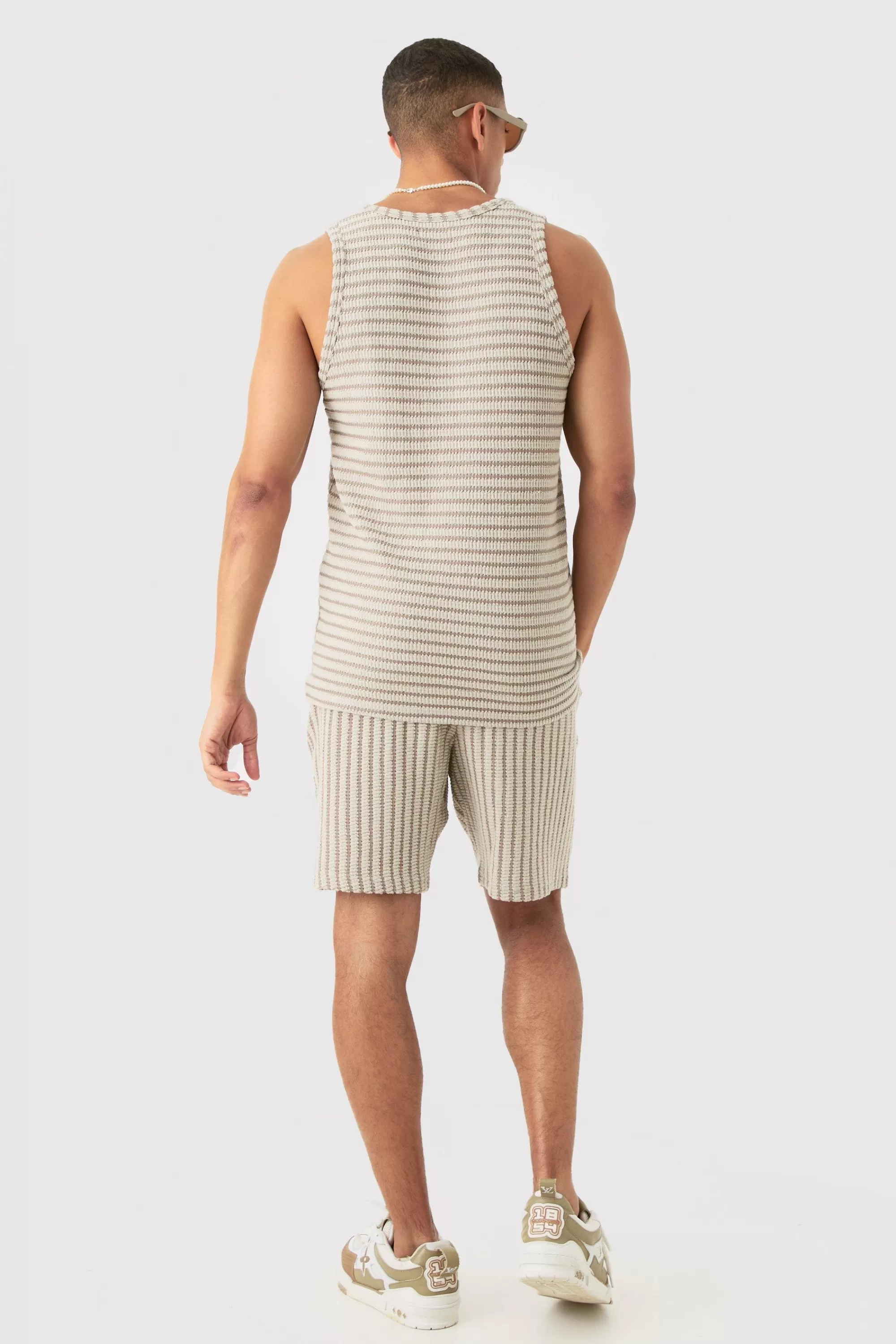 boohooMAN Textured Stripe Vest | UK stone Discount