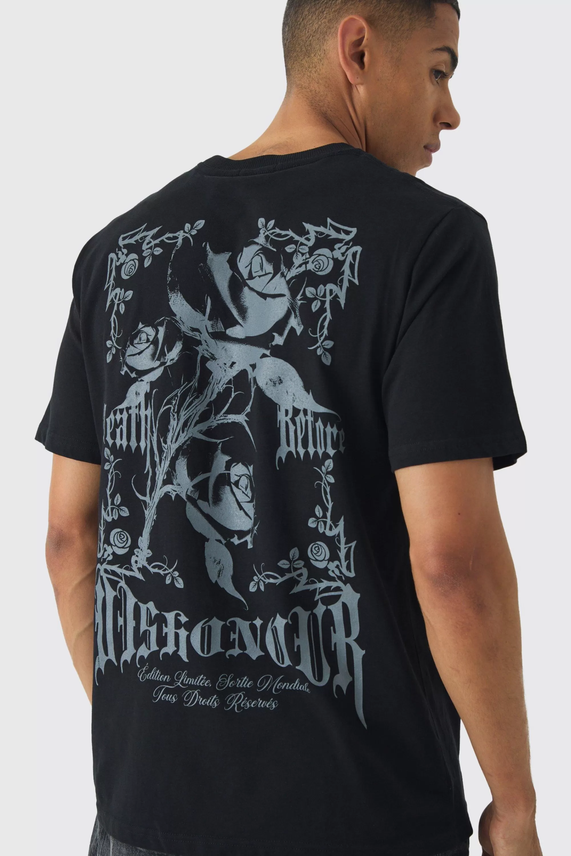 boohooMAN Tonal Floral Renaissance Print T-Shirt | UK black Clearance