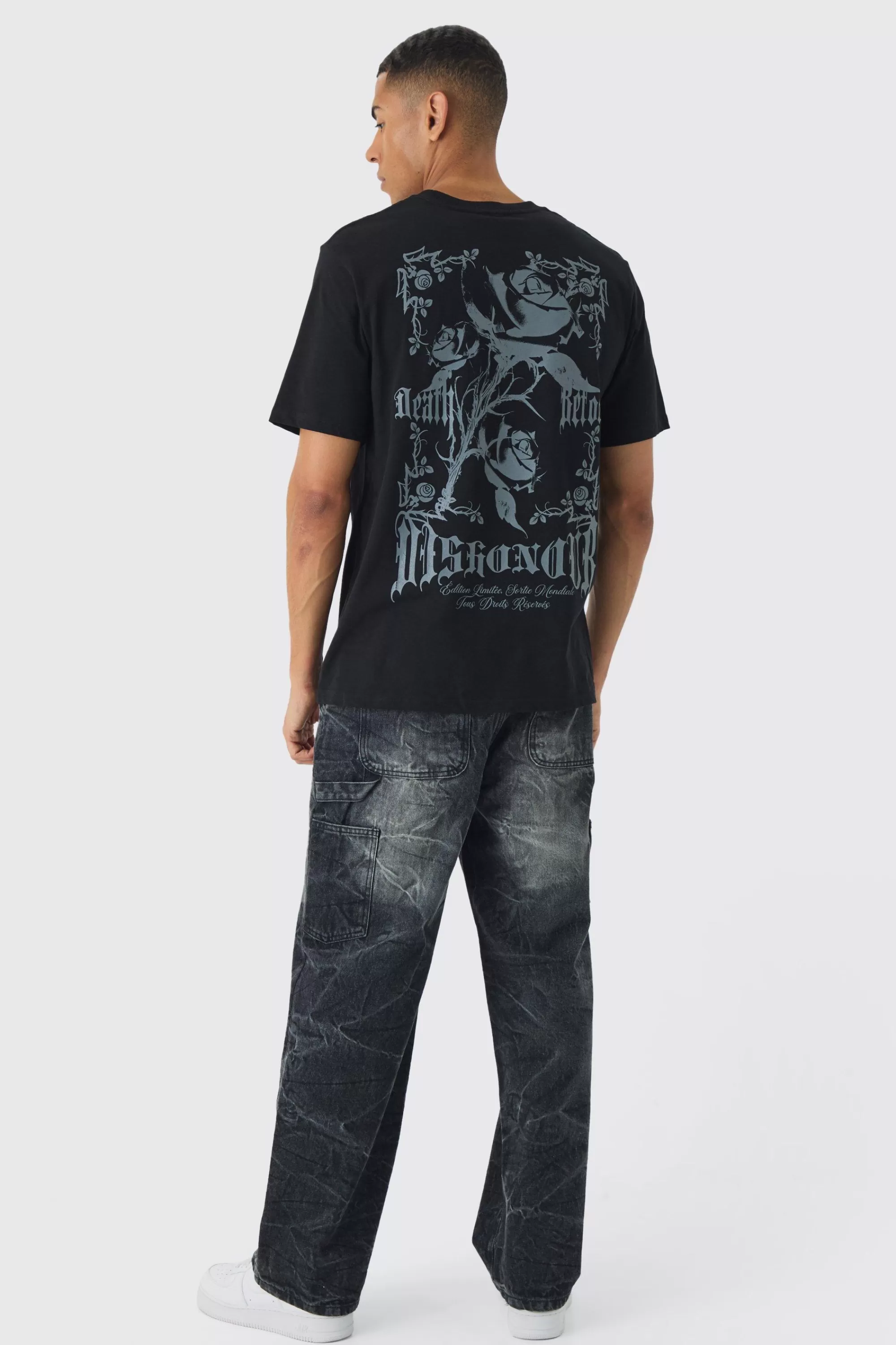 boohooMAN Tonal Floral Renaissance Print T-Shirt | UK black Clearance